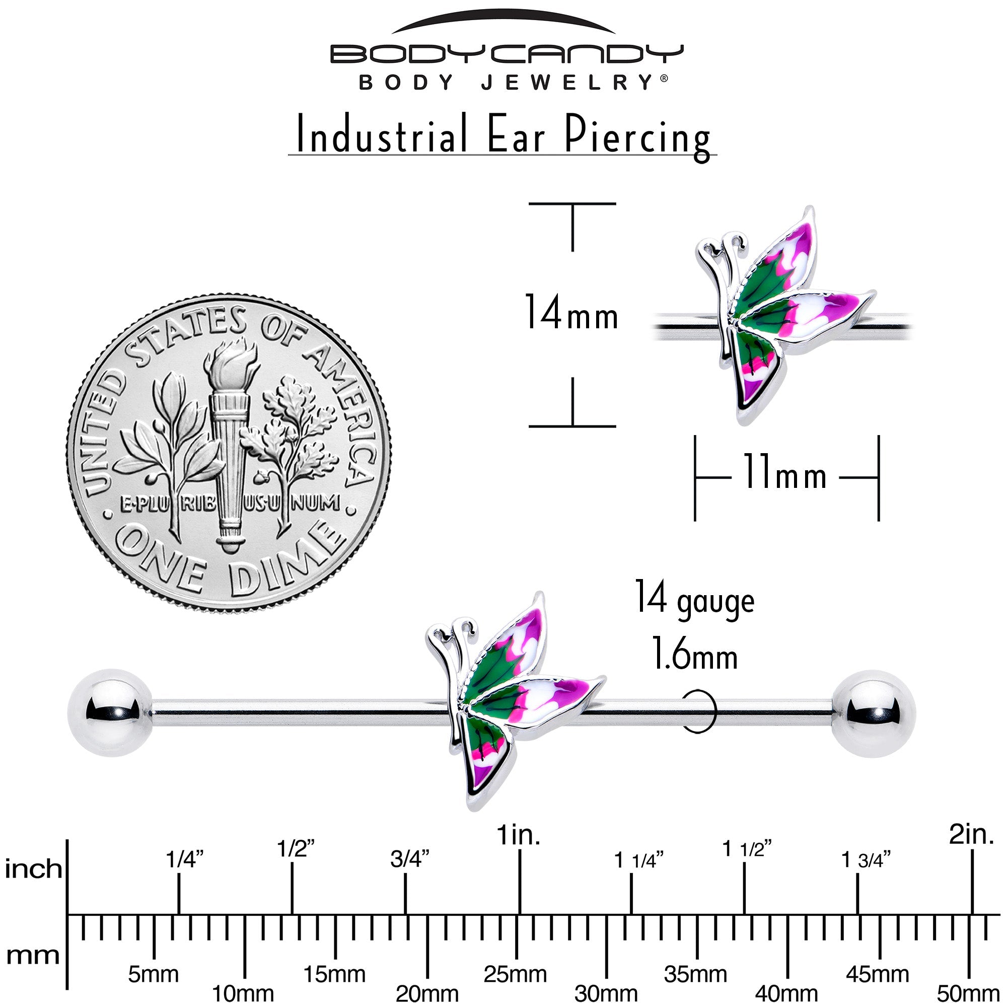 BodyCandy 14G Profile Butterfly Industrial Barbell 38mm — back view