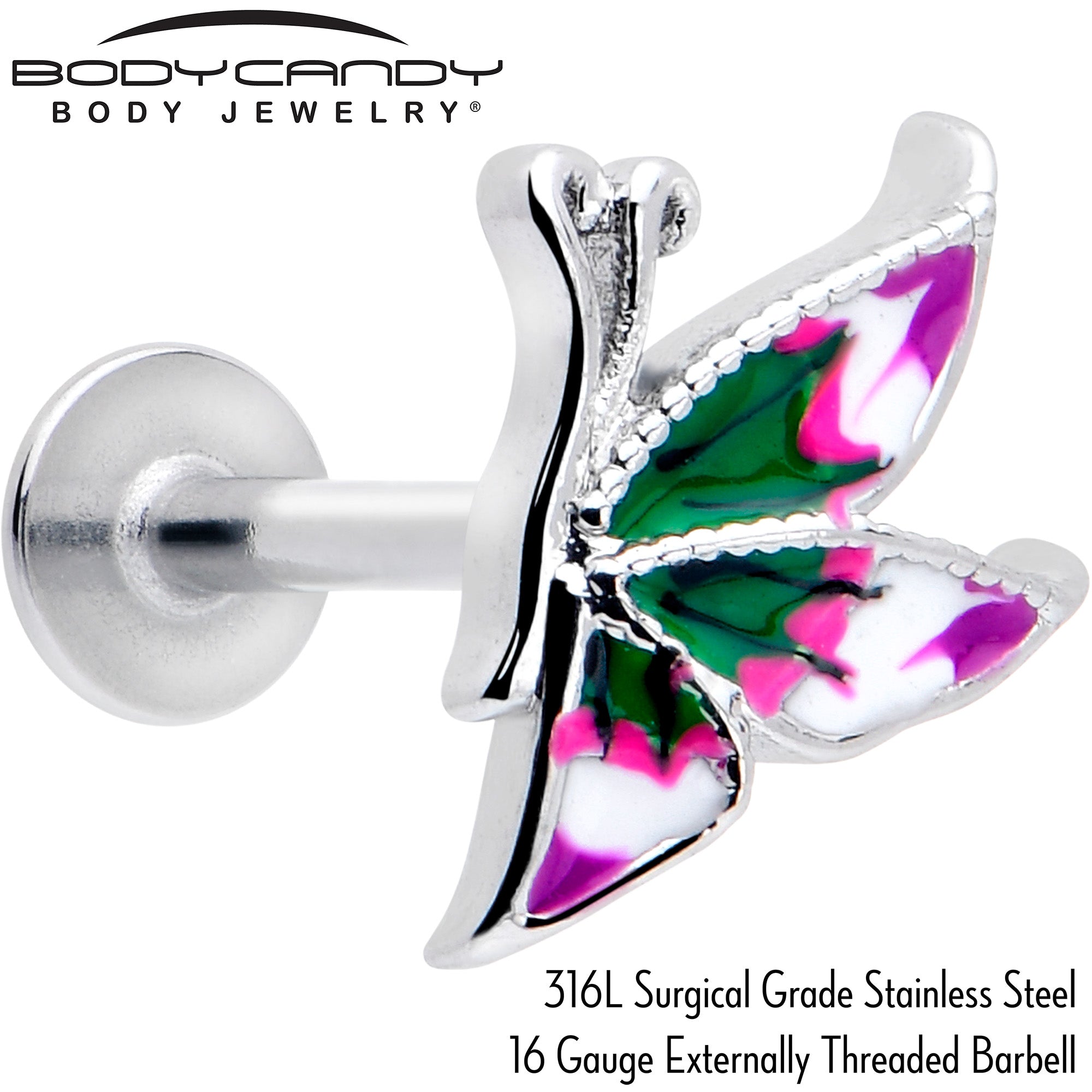 BodyCandy 16G 5/16 Profile Butterfly Labret Monroe Tragus — detail close-up