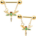 BodyCandy 14G 9/16 Green Gem Gold Tone Swank Dragonfly Dangle Nipple Ring Set — main product shot
