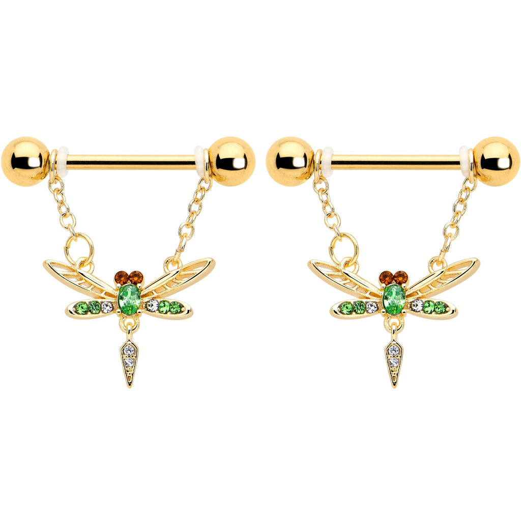 BodyCandy 14G 9/16 Green Gem Gold Tone Swank Dragonfly Dangle Nipple Ring Set — detail close-up