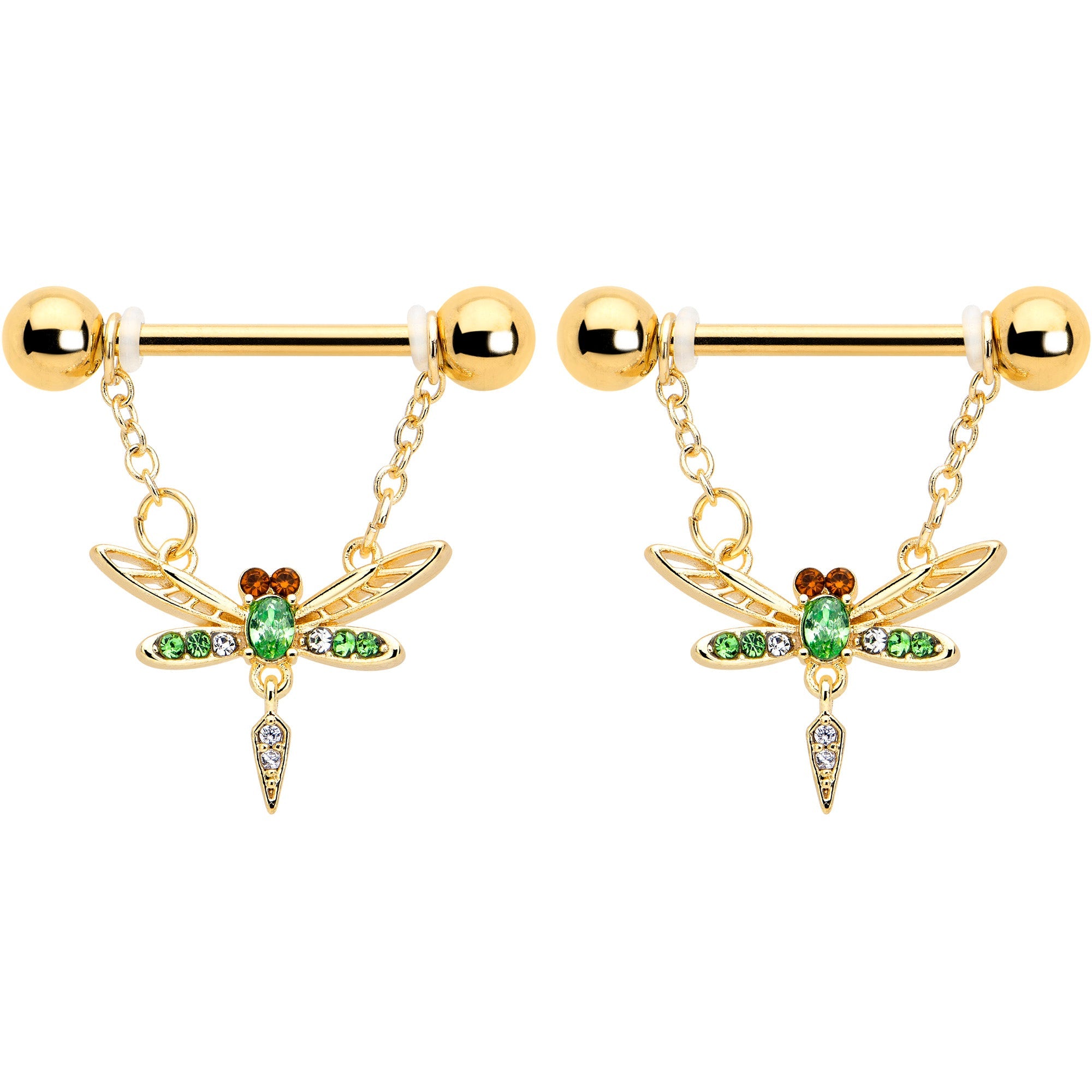 BodyCandy 14G 9/16 Green Gem Gold Tone Swank Dragonfly Dangle Nipple Ring Set — detail close-up