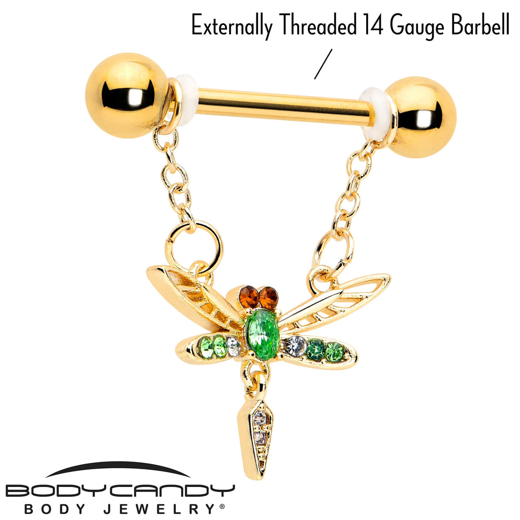 BodyCandy 14G 9/16 Green Gem Gold Tone Swank Dragonfly Dangle Nipple Ring Set — lifestyle context