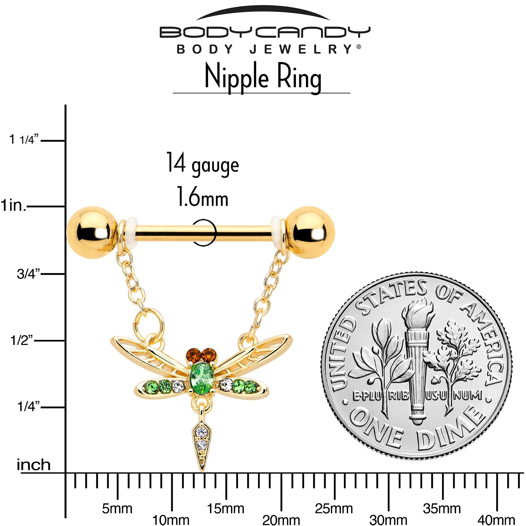 BodyCandy 14G 9/16 Green Gem Gold Tone Swank Dragonfly Dangle Nipple Ring Set — side view