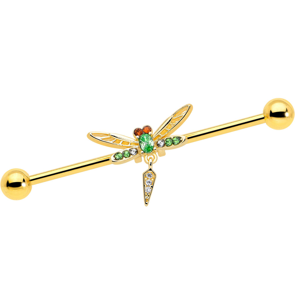 BodyCandy 14G Green Gem Gold Tone Swank Dragonfly Dangle Industrial Barbell 38mm — main product shot