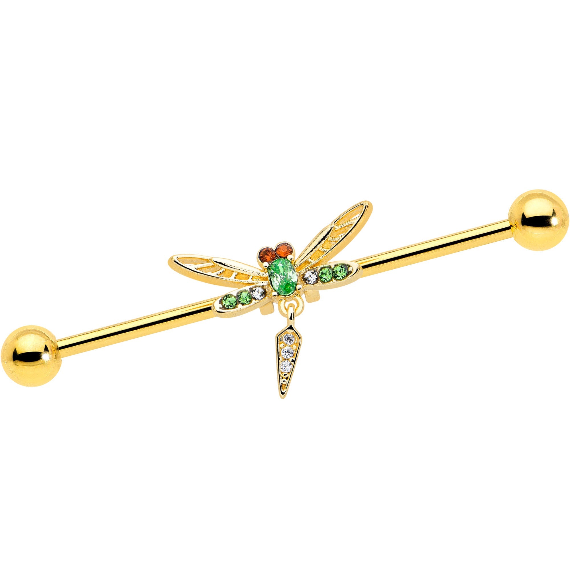 BodyCandy 14G Green Gem Gold Tone Swank Dragonfly Dangle Industrial Barbell 38mm — main product shot