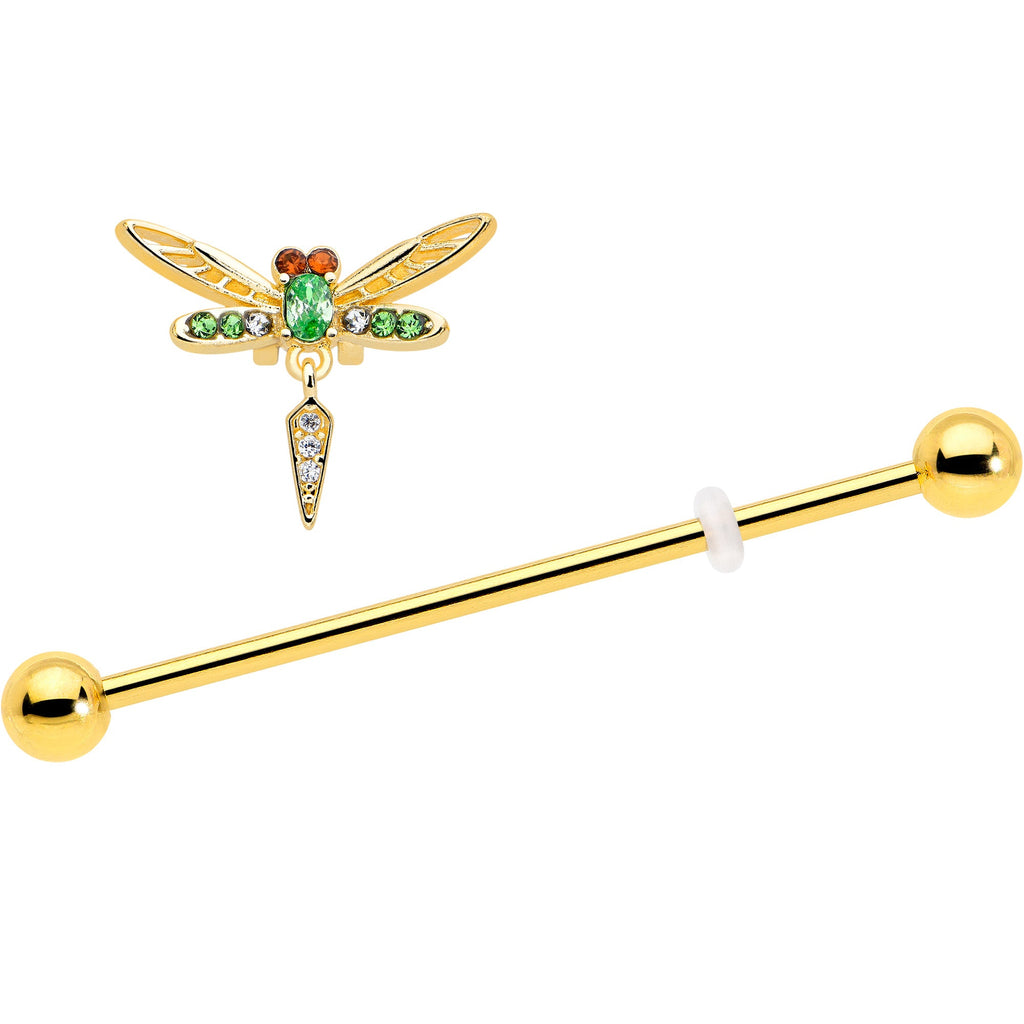BodyCandy 14G Green Gem Gold Tone Swank Dragonfly Dangle Industrial Barbell 38mm — detail close-up