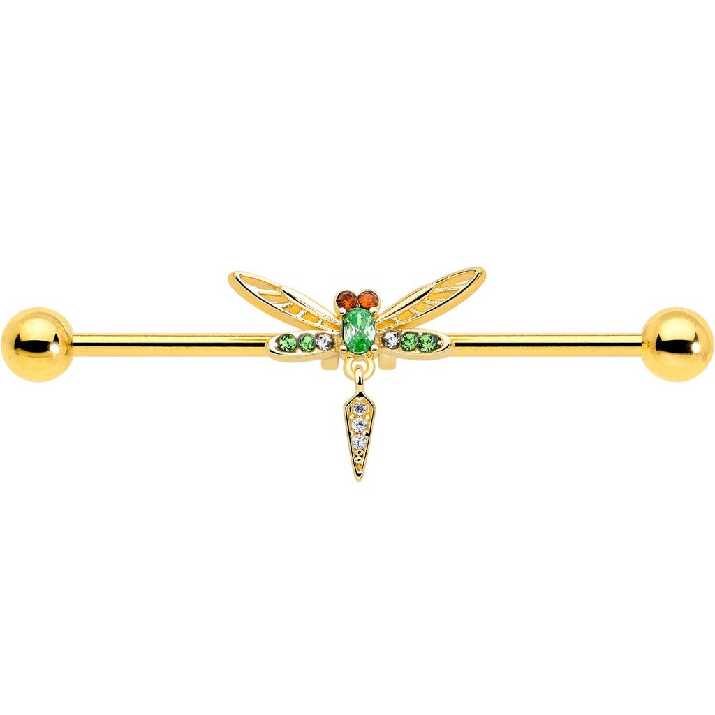 BodyCandy 14G Green Gem Gold Tone Swank Dragonfly Dangle Industrial Barbell 38mm — lifestyle context