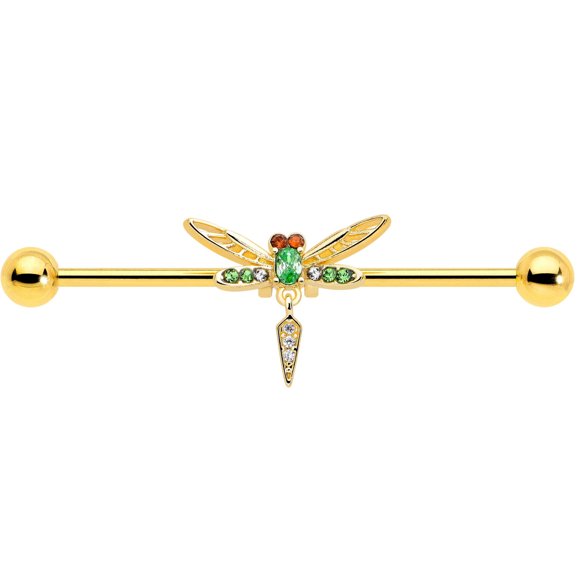 BodyCandy 14G Green Gem Gold Tone Swank Dragonfly Dangle Industrial Barbell 38mm — lifestyle context