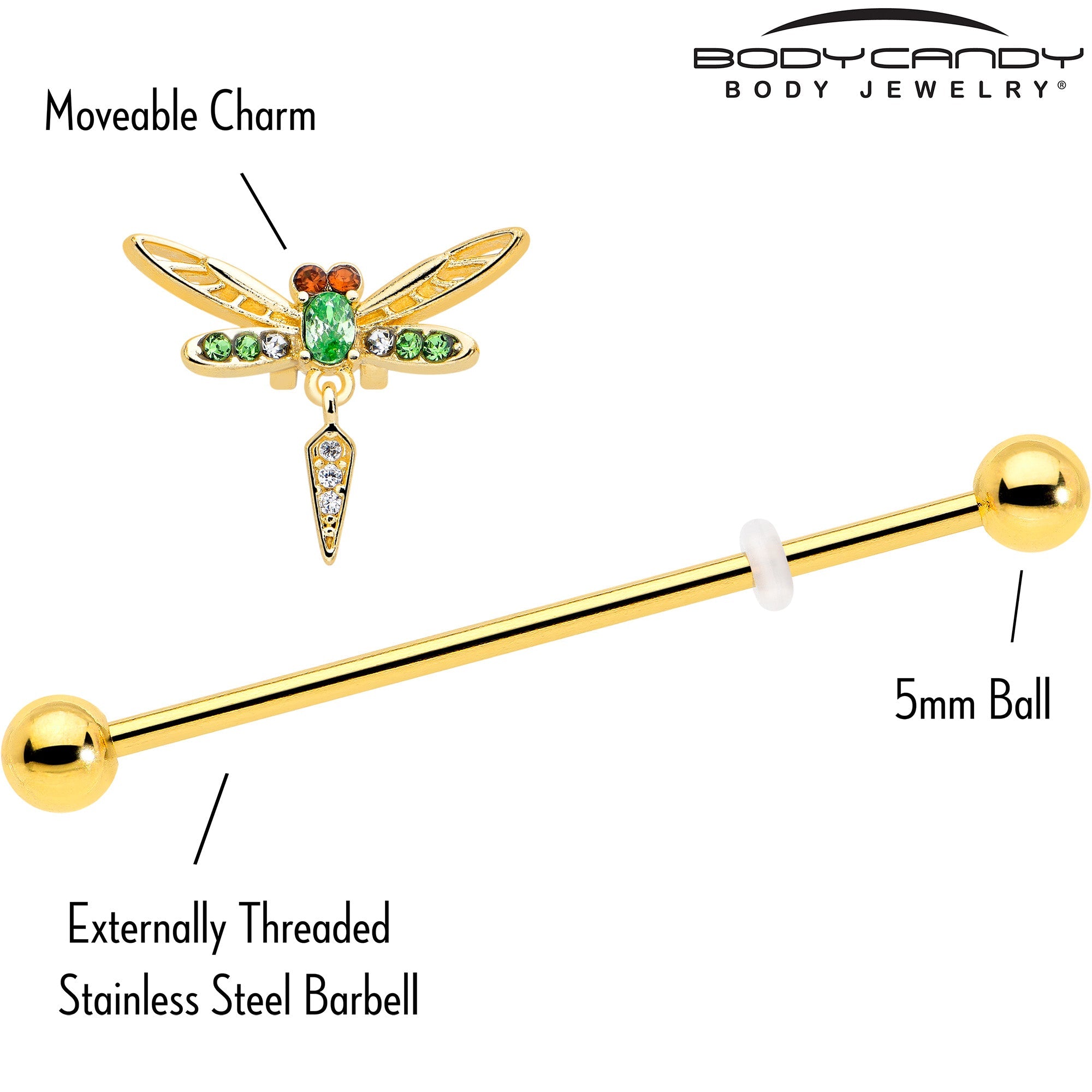 BodyCandy 14G Green Gem Gold Tone Swank Dragonfly Dangle Industrial Barbell 38mm — side view