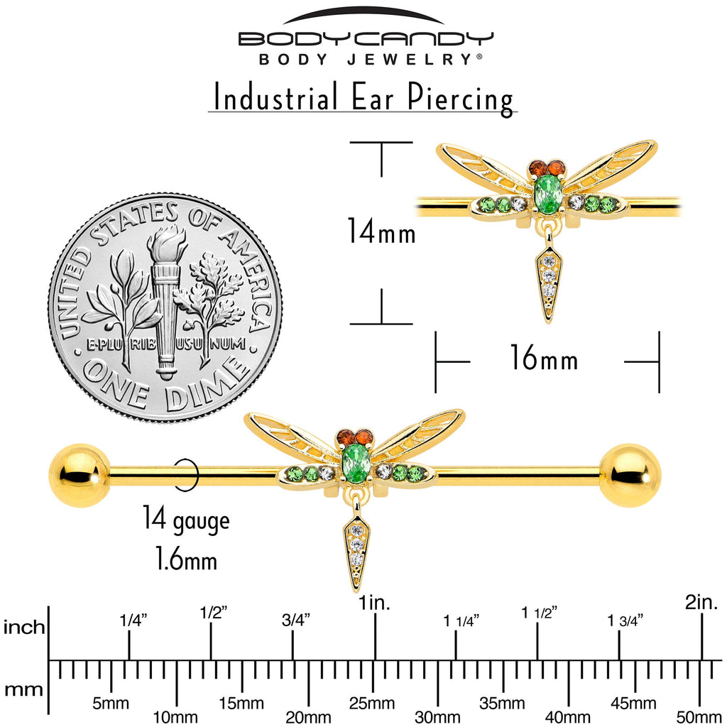 BodyCandy 14G Green Gem Gold Tone Swank Dragonfly Dangle Industrial Barbell 38mm — back view