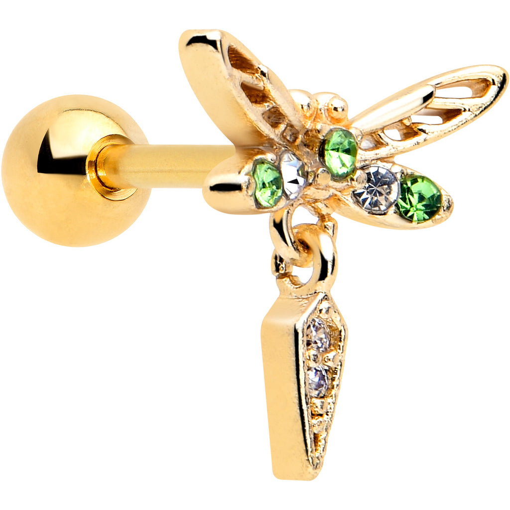 BodyCandy 16G 1/4 Green Gem Gold Tone Swank Dragonfly Dangle Cartilage Earring — main product shot