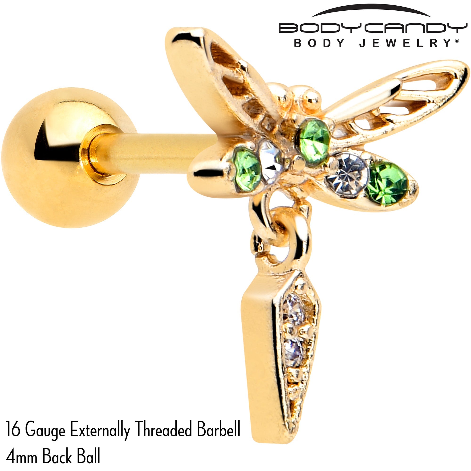 BodyCandy 16G 1/4 Green Gem Gold Tone Swank Dragonfly Dangle Cartilage Earring — detail close-up