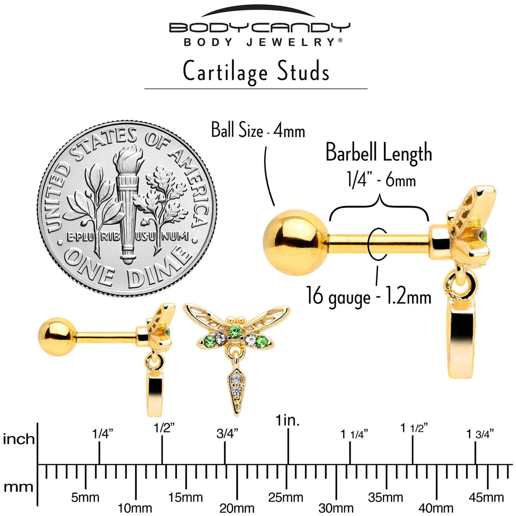 BodyCandy 16G 1/4 Green Gem Gold Tone Swank Dragonfly Dangle Cartilage Earring — back view