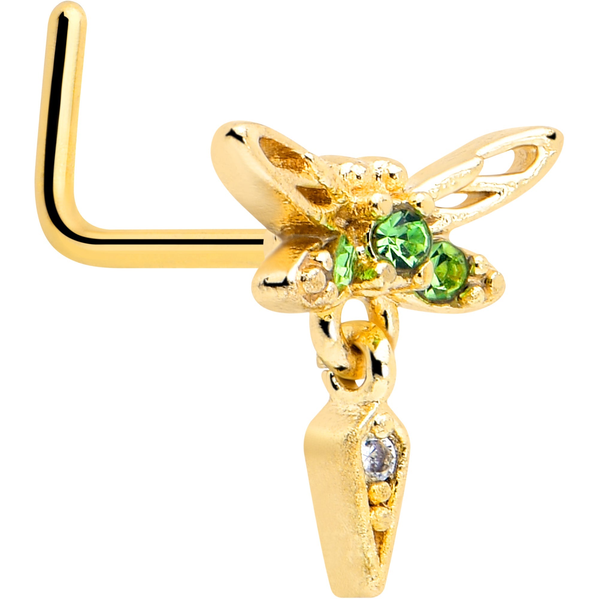 BodyCandy 20G 7mm Green Gem Gold Tone Swank Dragonfly L Shape Nose Ring — main product shot
