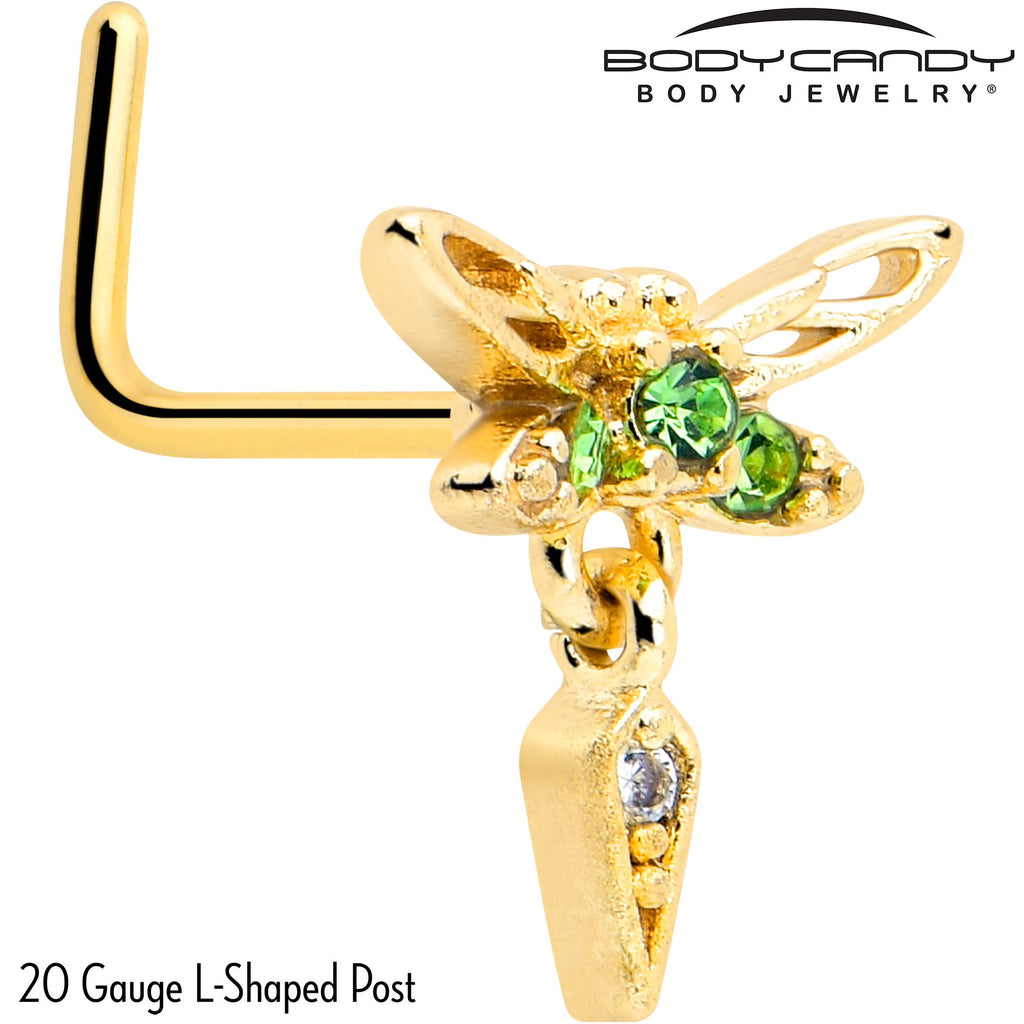 BodyCandy 20G 7mm Green Gem Gold Tone Swank Dragonfly L Shape Nose Ring — detail close-up