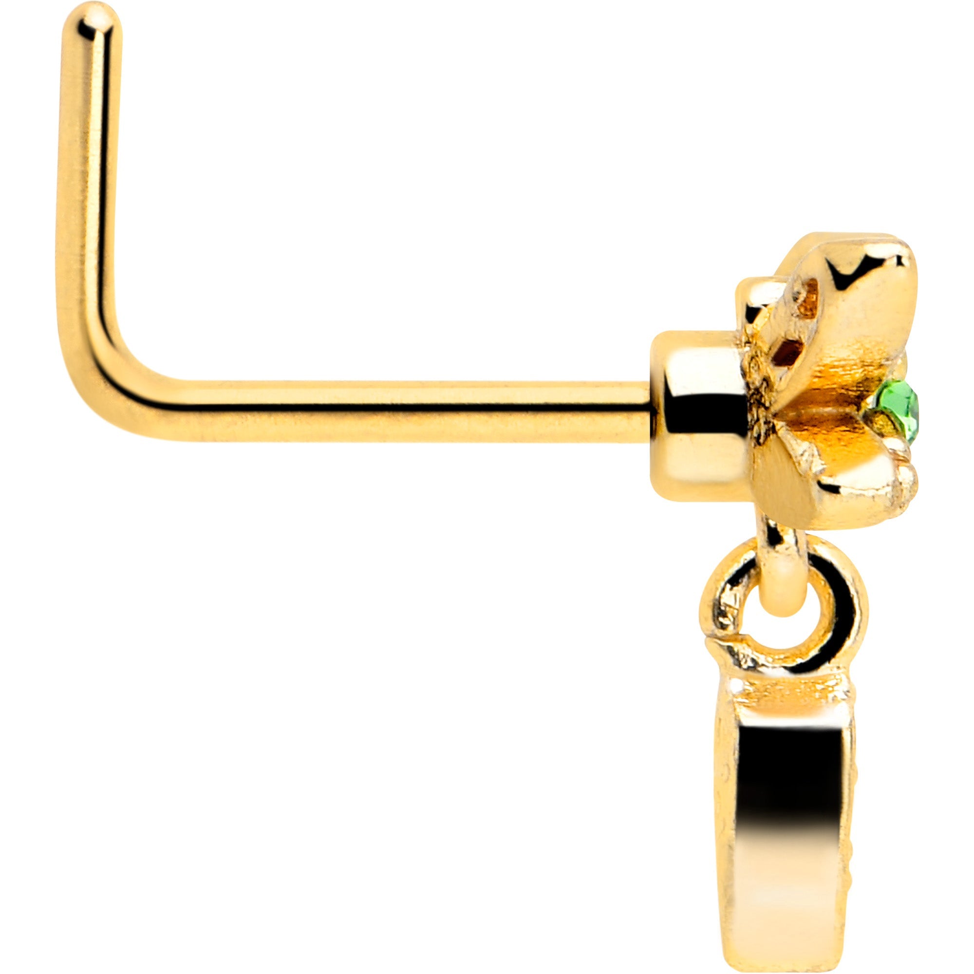 BodyCandy 20G 7mm Green Gem Gold Tone Swank Dragonfly L Shape Nose Ring — side view