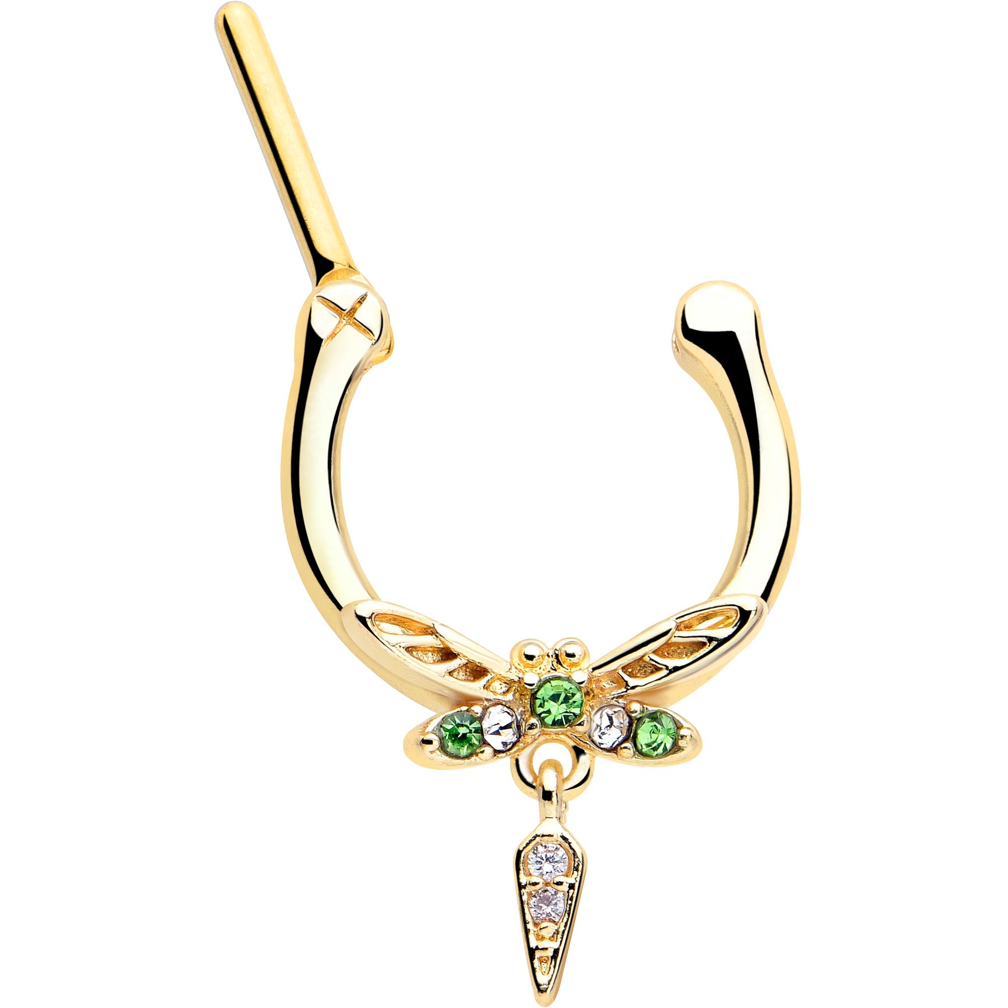 BodyCandy 16G 5/16 Green Gem Gold Tone Swank Dragonfly Dangle Cartilage Clicker — detail close-up