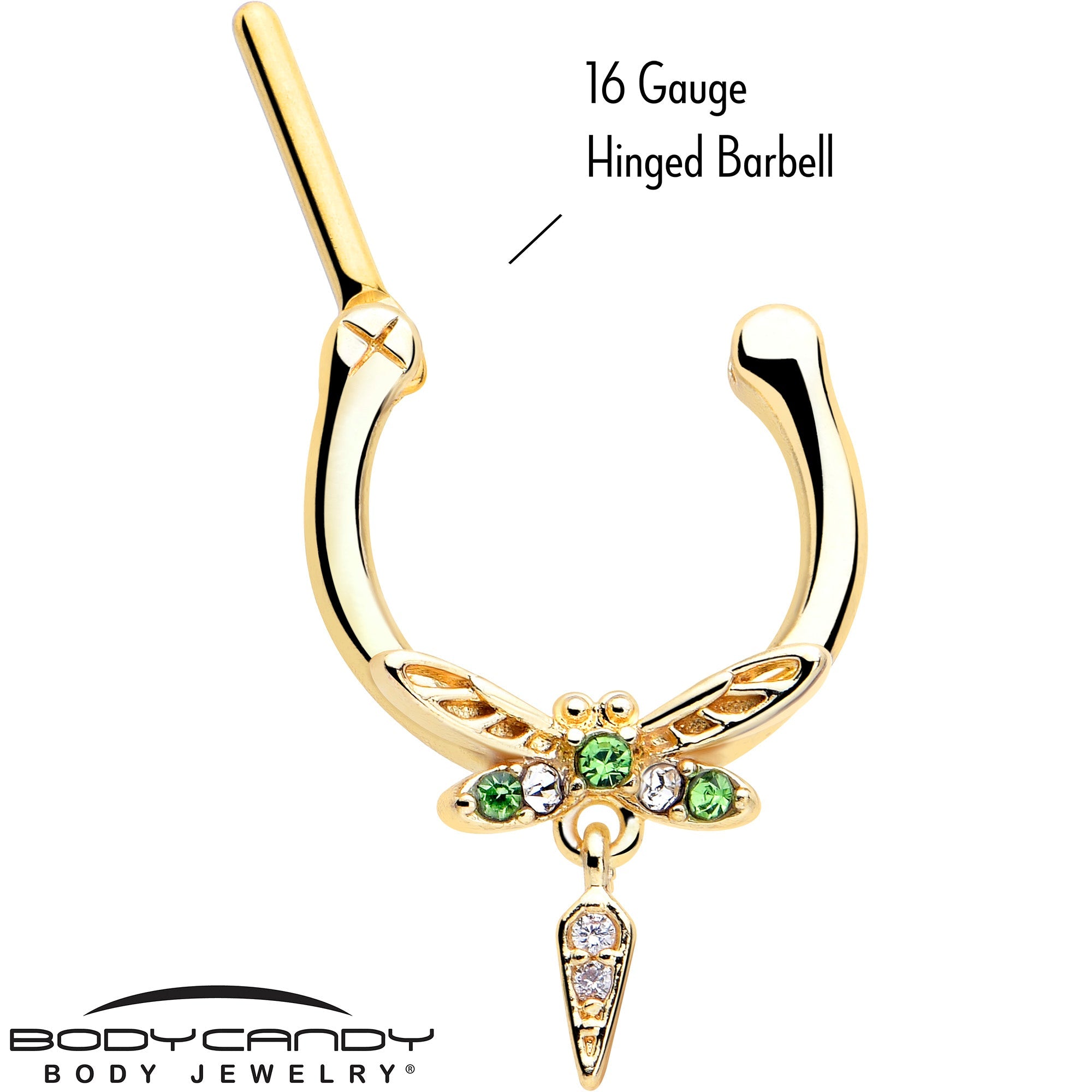 BodyCandy 16G 5/16 Green Gem Gold Tone Swank Dragonfly Dangle Cartilage Clicker — lifestyle context