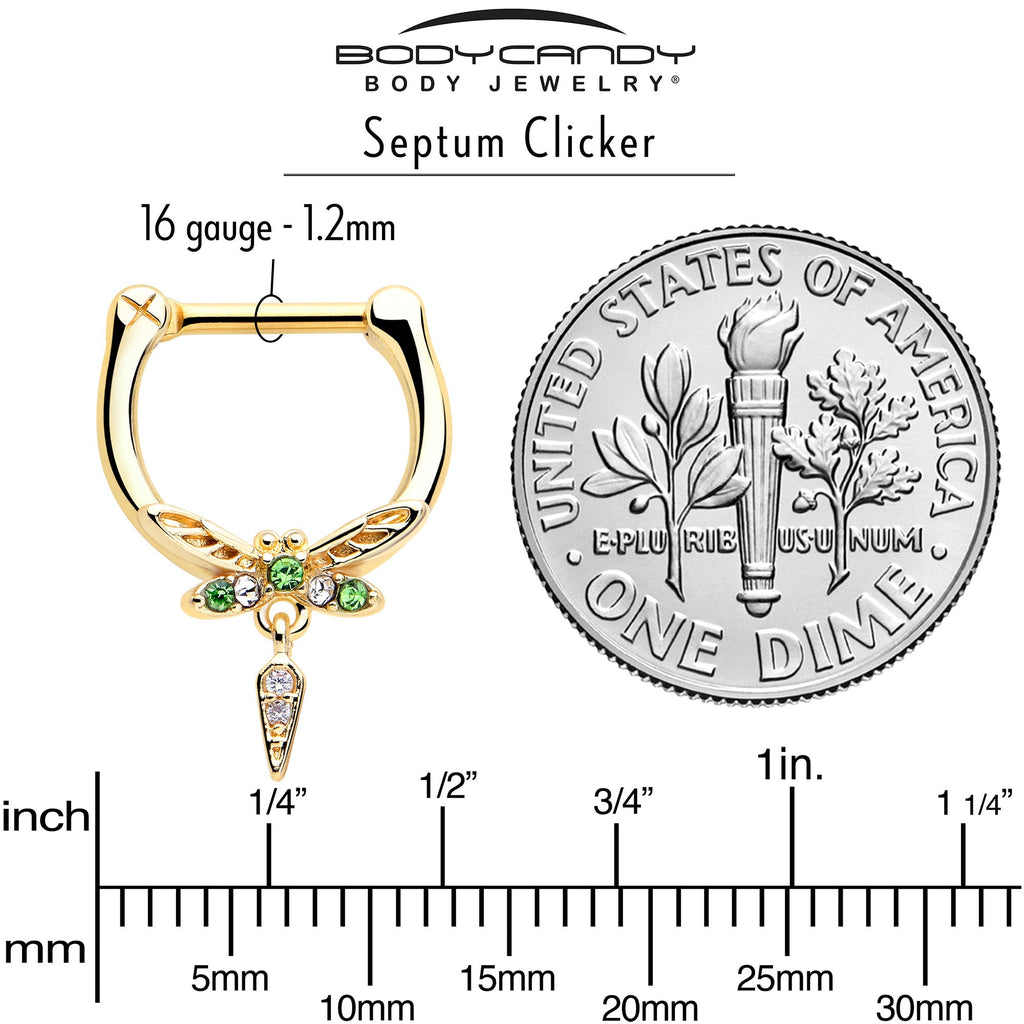 BodyCandy 16G 5/16 Green Gem Gold Tone Swank Dragonfly Dangle Cartilage Clicker — side view
