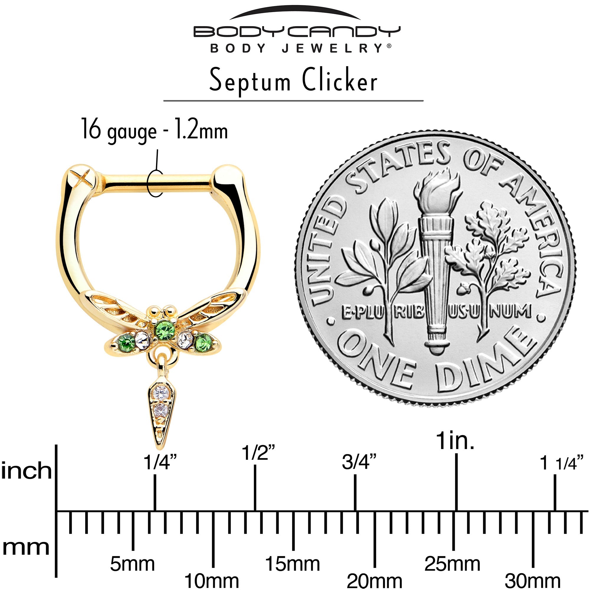 BodyCandy 16G 5/16 Green Gem Gold Tone Swank Dragonfly Dangle Cartilage Clicker — side view