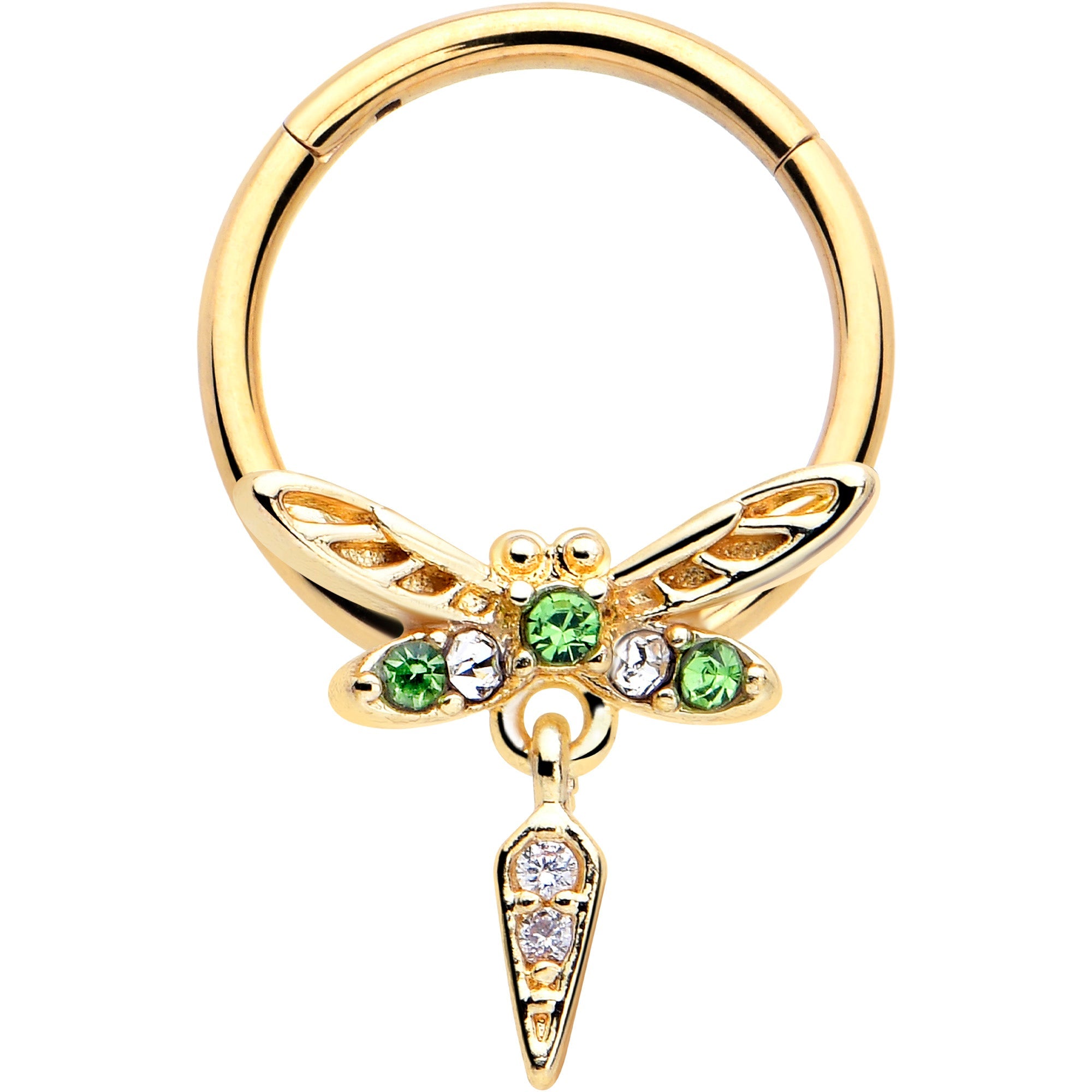 BodyCandy 16G 3/8 Green Gem Gold Tone Swank Dragonfly Dangle Hinged Segment Ring — main product shot