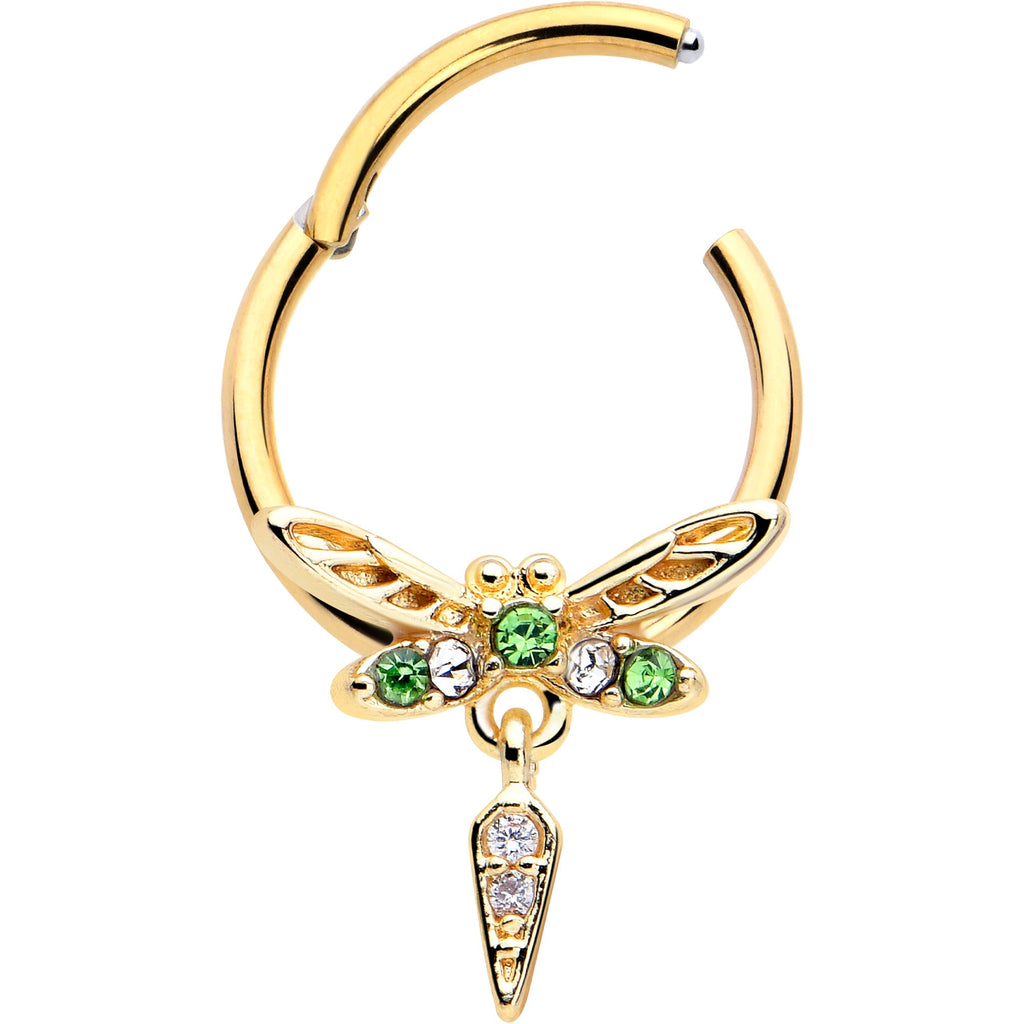 BodyCandy 16G 3/8 Green Gem Gold Tone Swank Dragonfly Dangle Hinged Segment Ring — detail close-up