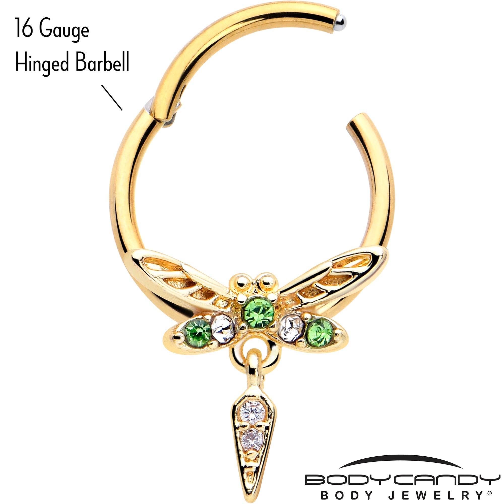 BodyCandy 16G 3/8 Green Gem Gold Tone Swank Dragonfly Dangle Hinged Segment Ring — lifestyle context