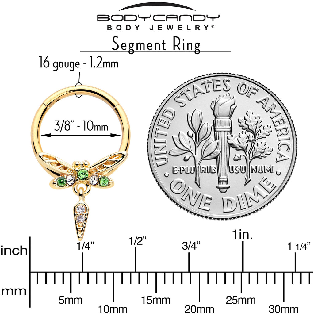 BodyCandy 16G 3/8 Green Gem Gold Tone Swank Dragonfly Dangle Hinged Segment Ring — side view