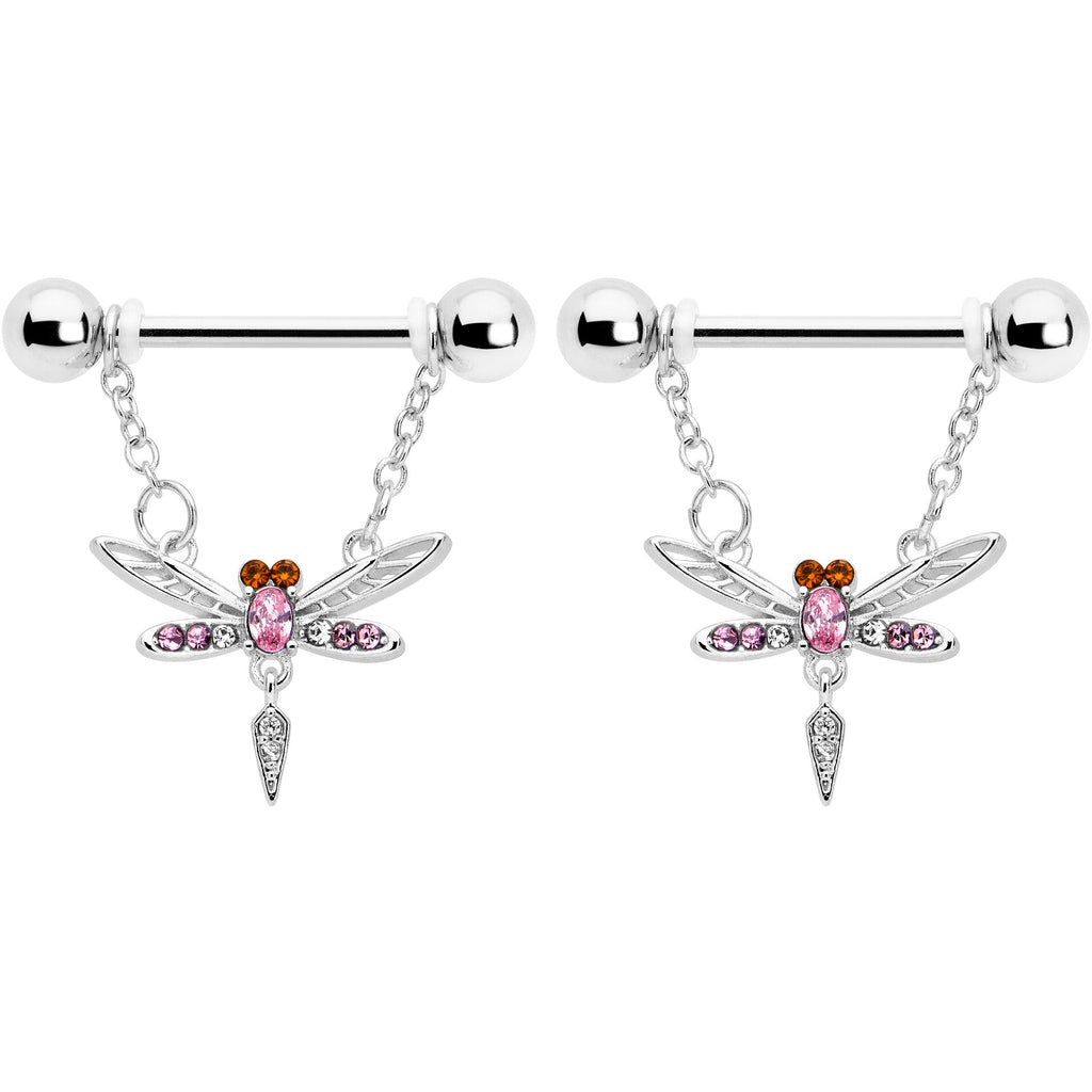 BodyCandy 14G 9/16 Pink Gem Swank Dragonfly Dangle Nipple Ring Set — detail close-up