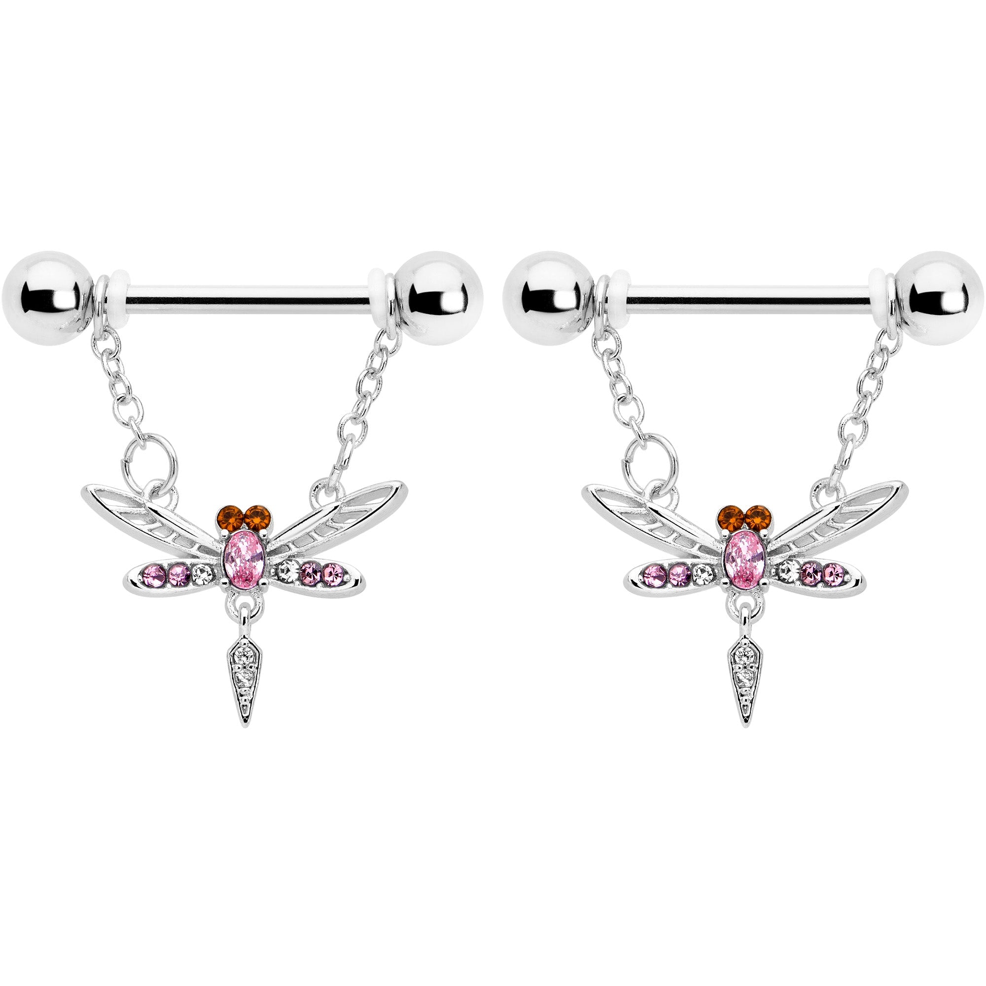 BodyCandy 14G 9/16 Pink Gem Swank Dragonfly Dangle Nipple Ring Set — detail close-up