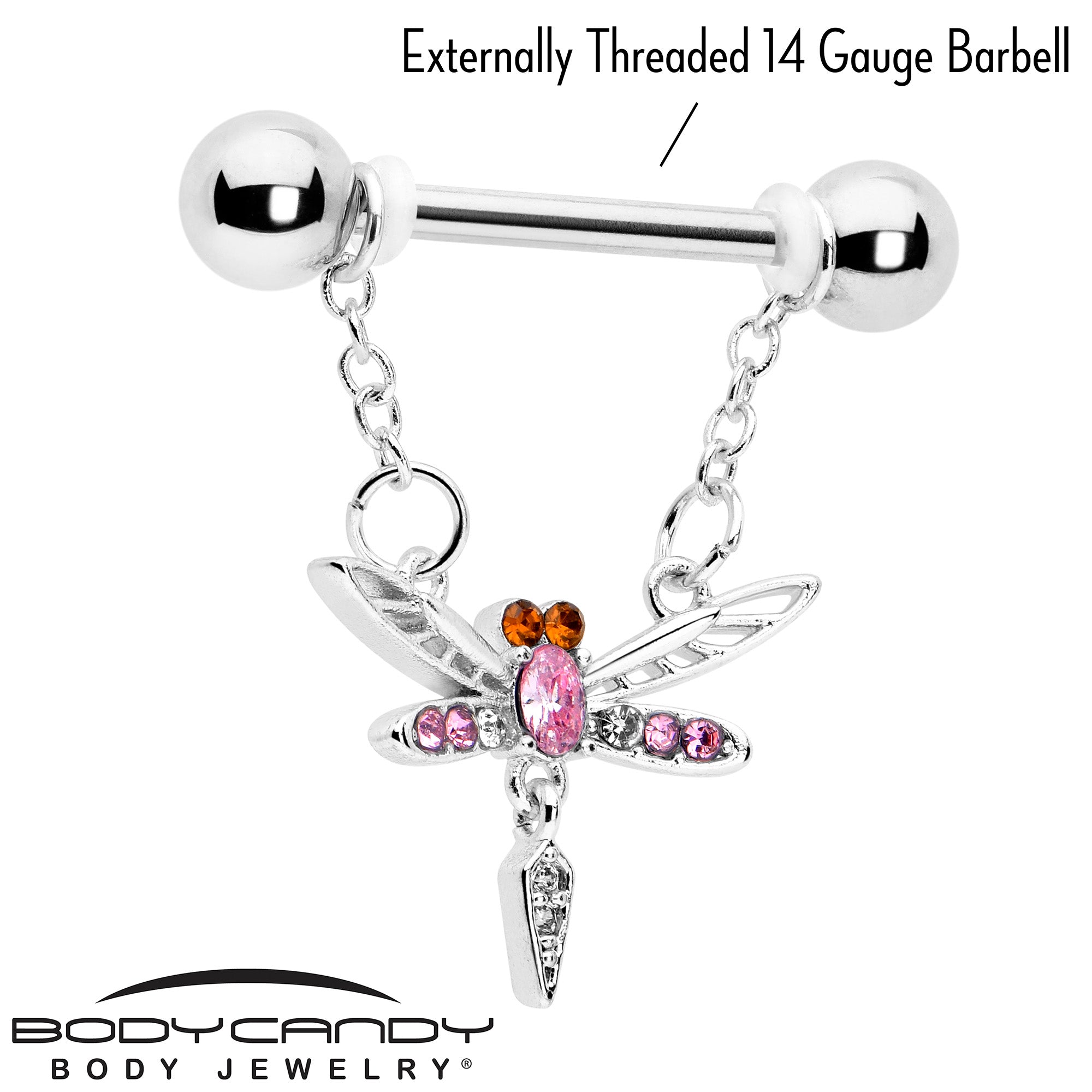 BodyCandy 14G 9/16 Pink Gem Swank Dragonfly Dangle Nipple Ring Set — lifestyle context