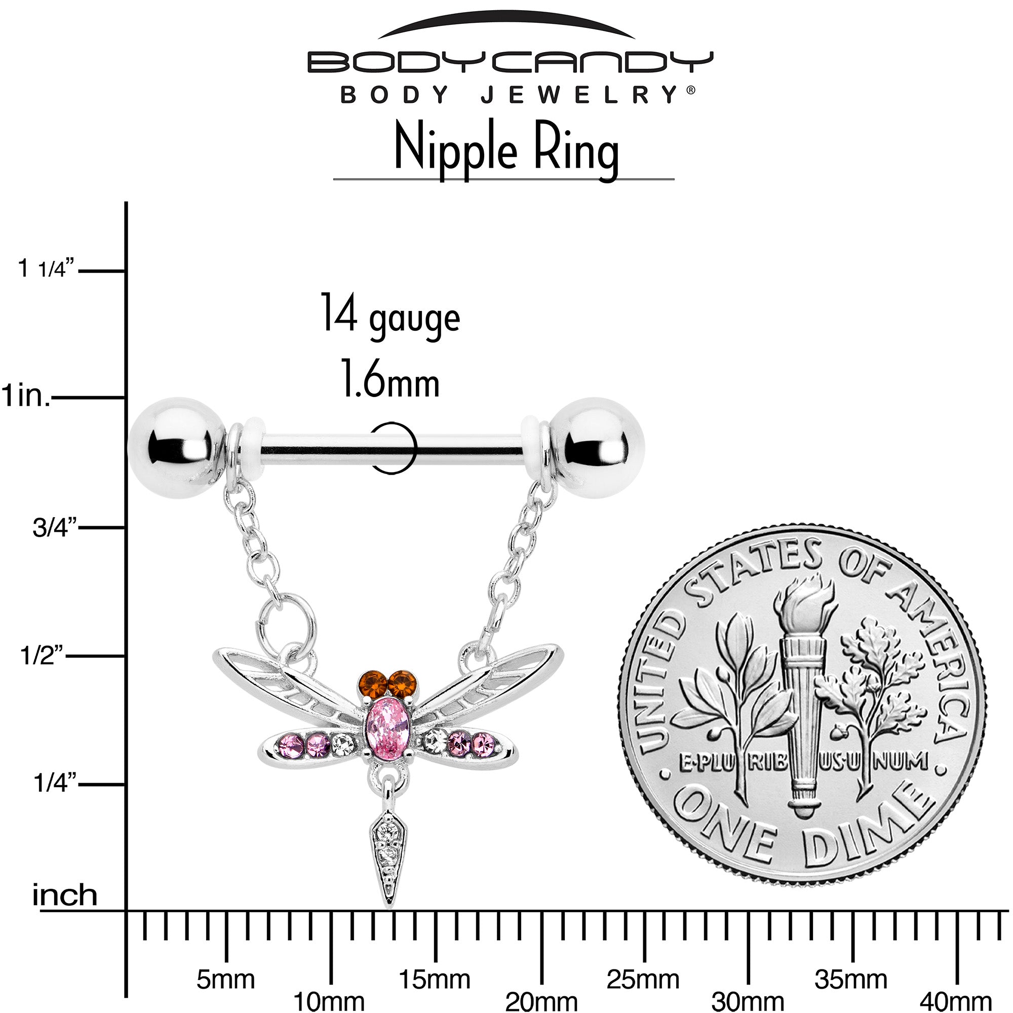 BodyCandy 14G 9/16 Pink Gem Swank Dragonfly Dangle Nipple Ring Set — side view