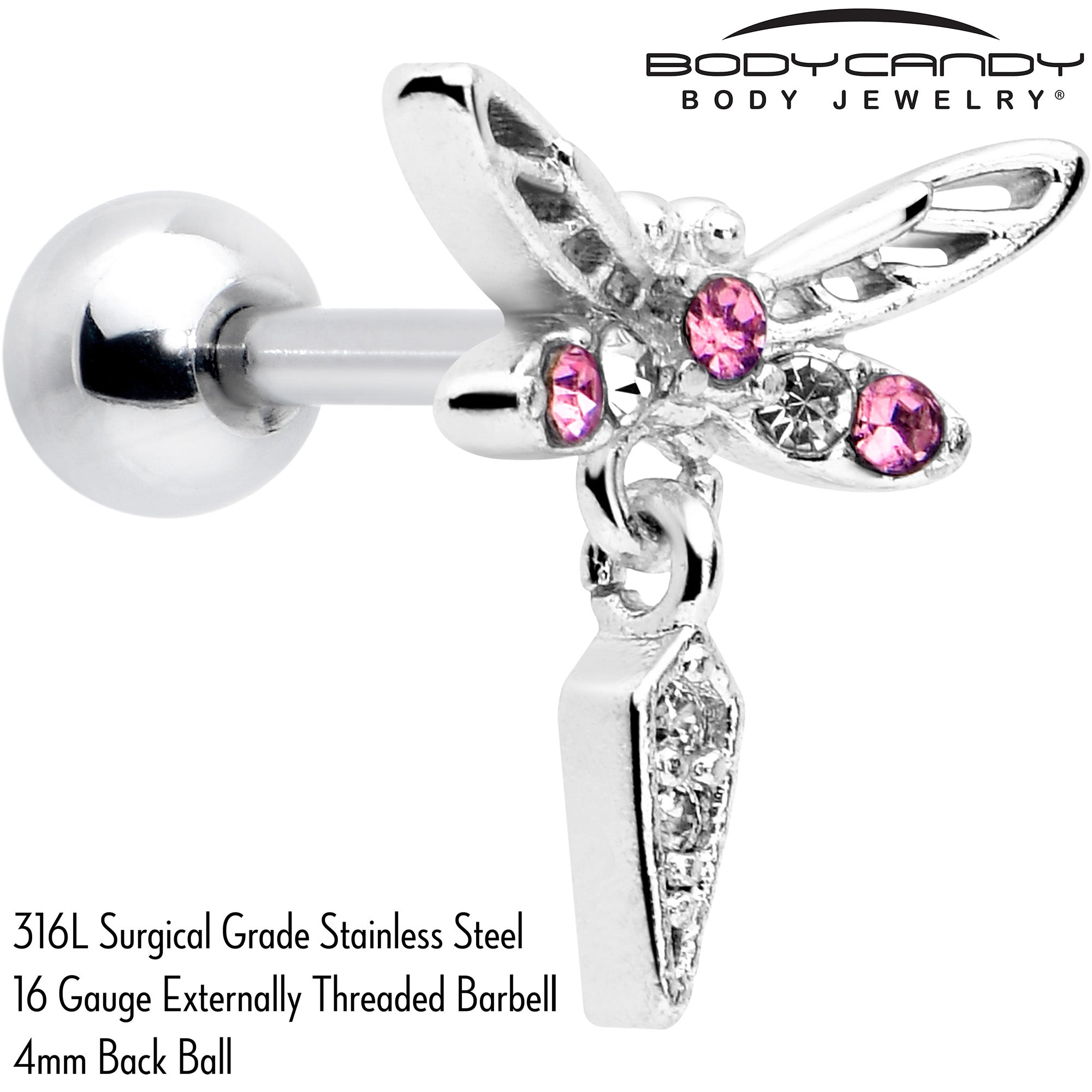 BodyCandy 16G 1/4 Pink Gem Swank Dragonfly Dangle Cartilage Earring — detail close-up