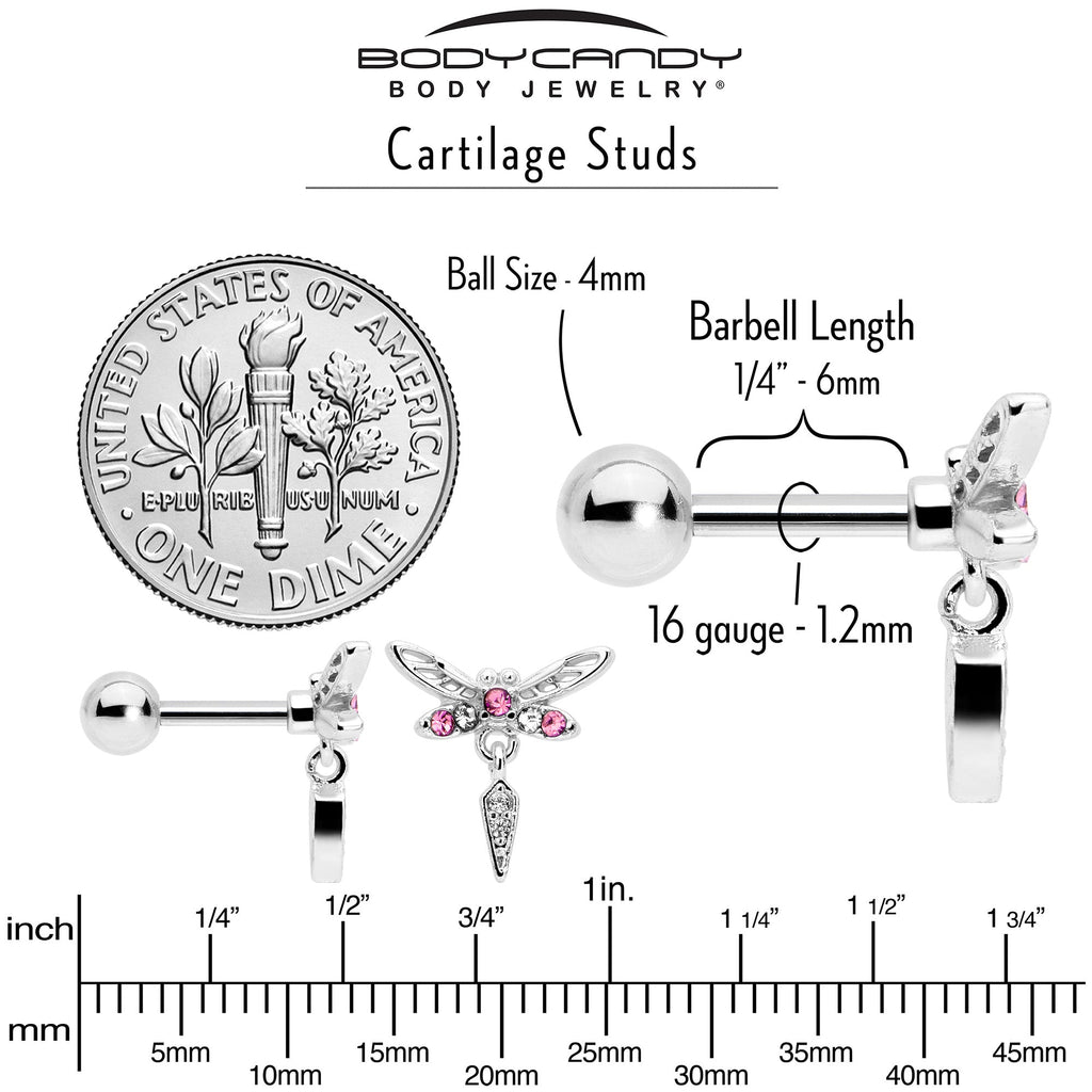 BodyCandy 16G 1/4 Pink Gem Swank Dragonfly Dangle Cartilage Earring — back view