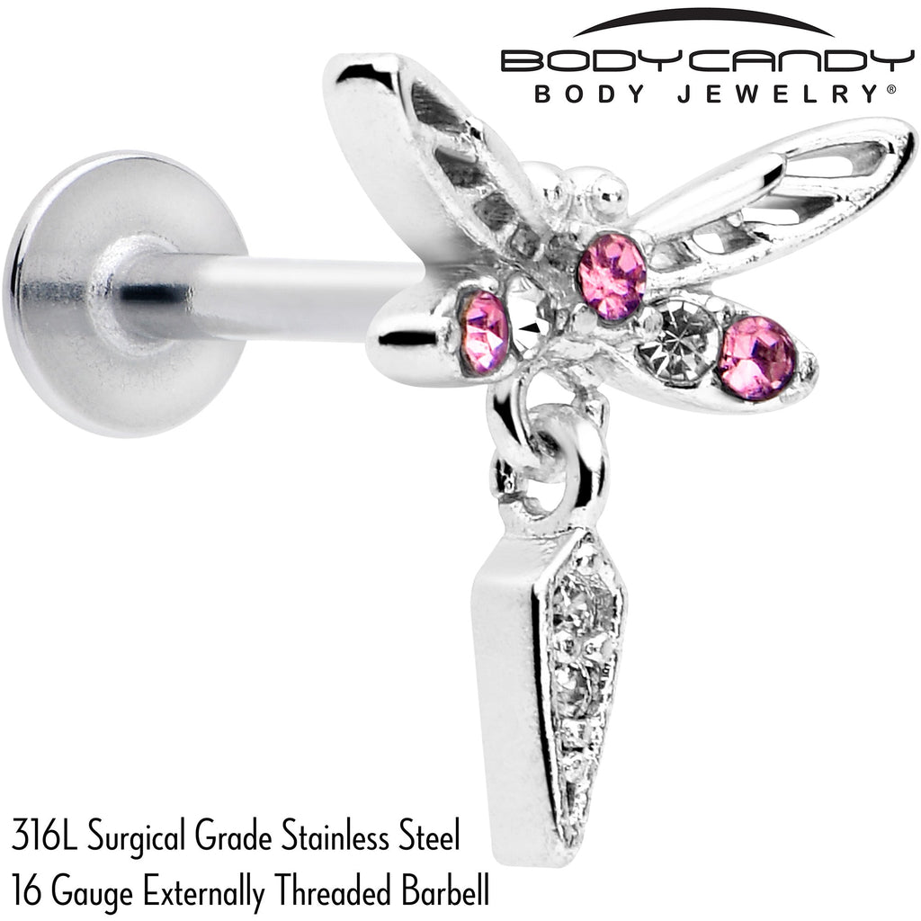BodyCandy 16G 5/16 Pink Gem Swank Dragonfly Dangle Labret Monroe Tragus — detail close-up