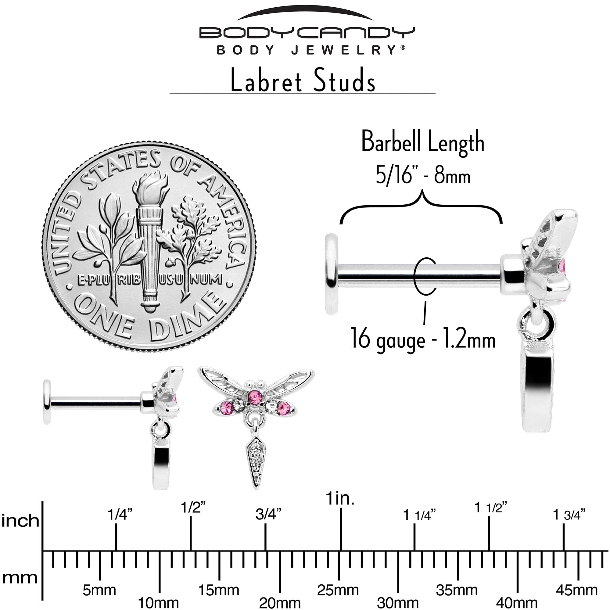 BodyCandy 16G 5/16 Pink Gem Swank Dragonfly Dangle Labret Monroe Tragus — back view