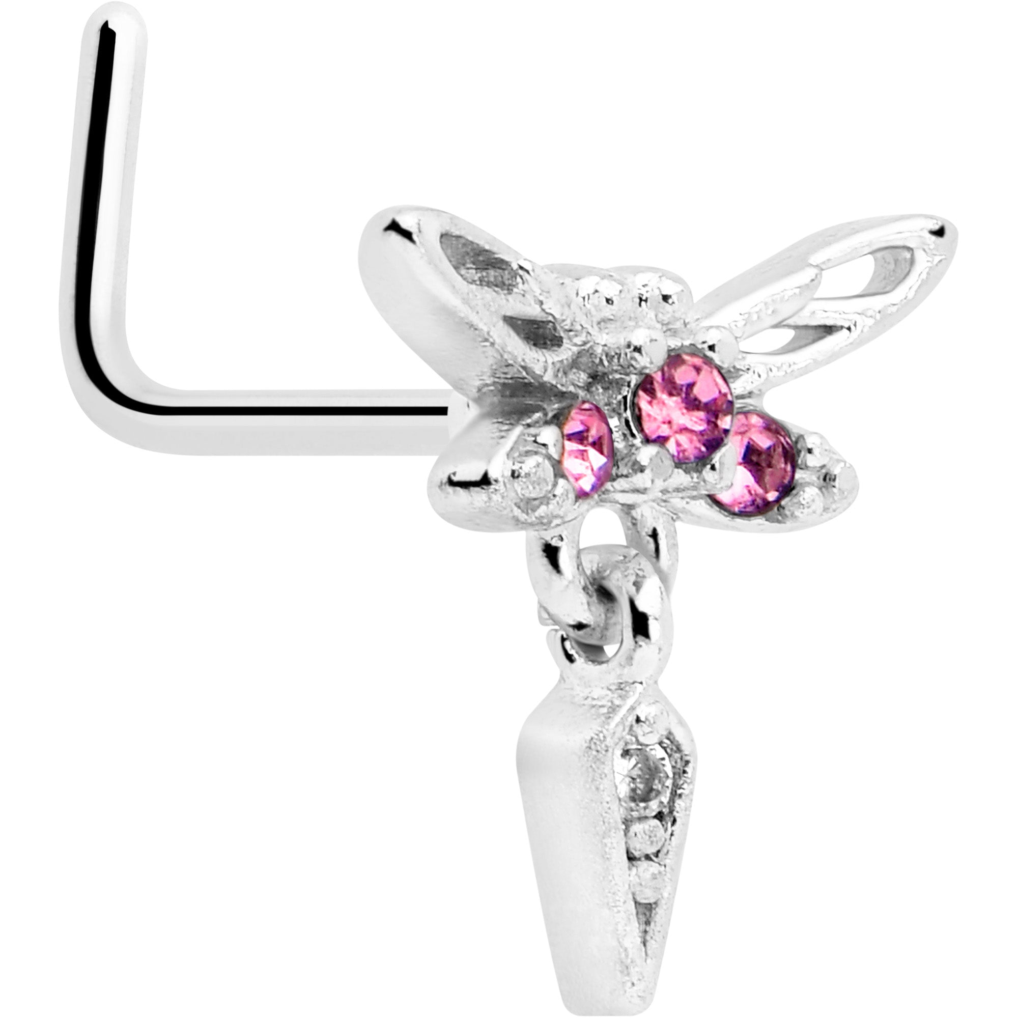 BodyCandy 20G 7mm Pink Gem Swank Dragonfly Dangle L Shape Nose Ring — main product shot