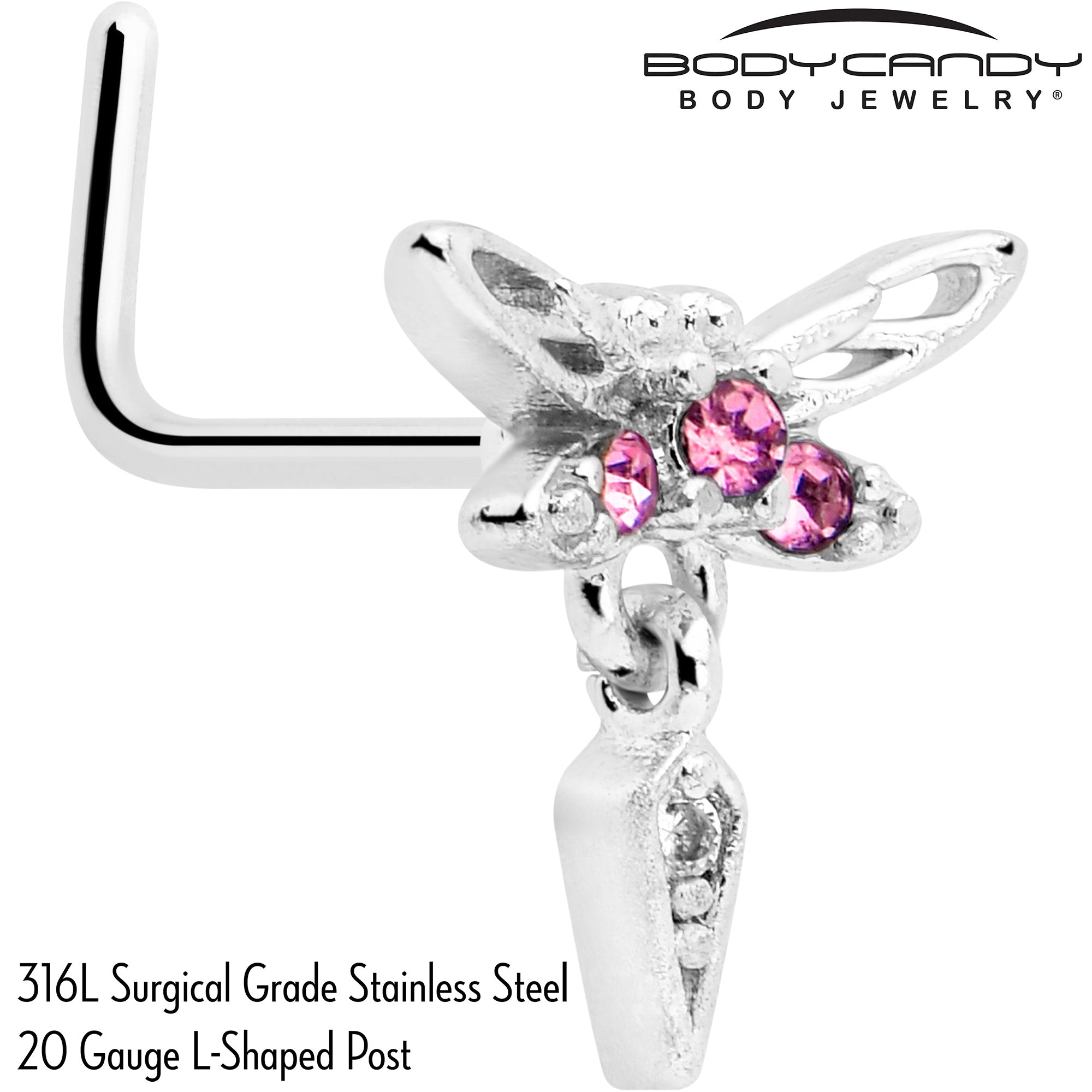 BodyCandy 20G 7mm Pink Gem Swank Dragonfly Dangle L Shape Nose Ring — detail close-up