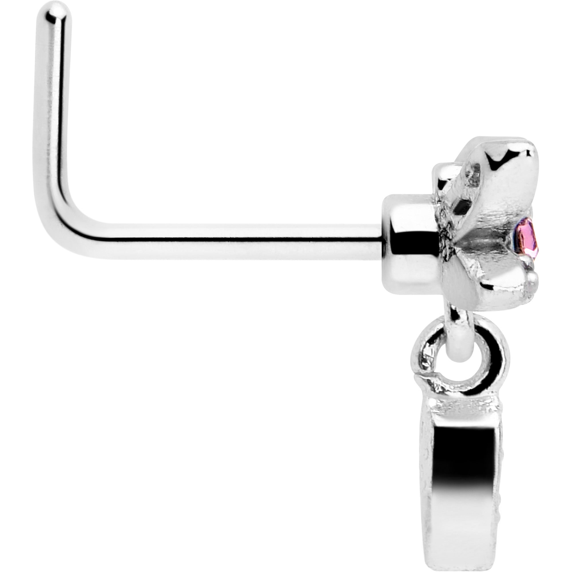 BodyCandy 20G 7mm Pink Gem Swank Dragonfly Dangle L Shape Nose Ring — side view