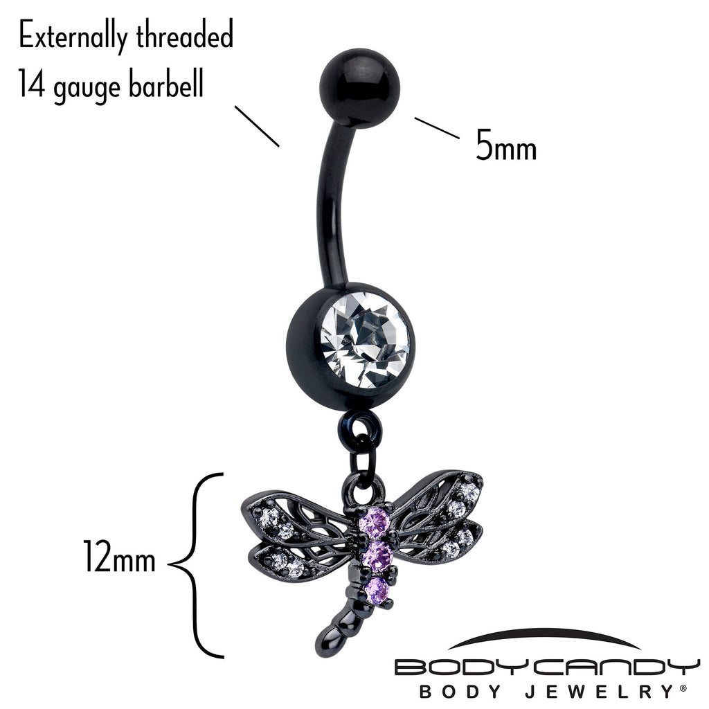 BodyCandy Purple CZ Gem Black Night Dragonfly Dangle Belly Ring — detail close-up