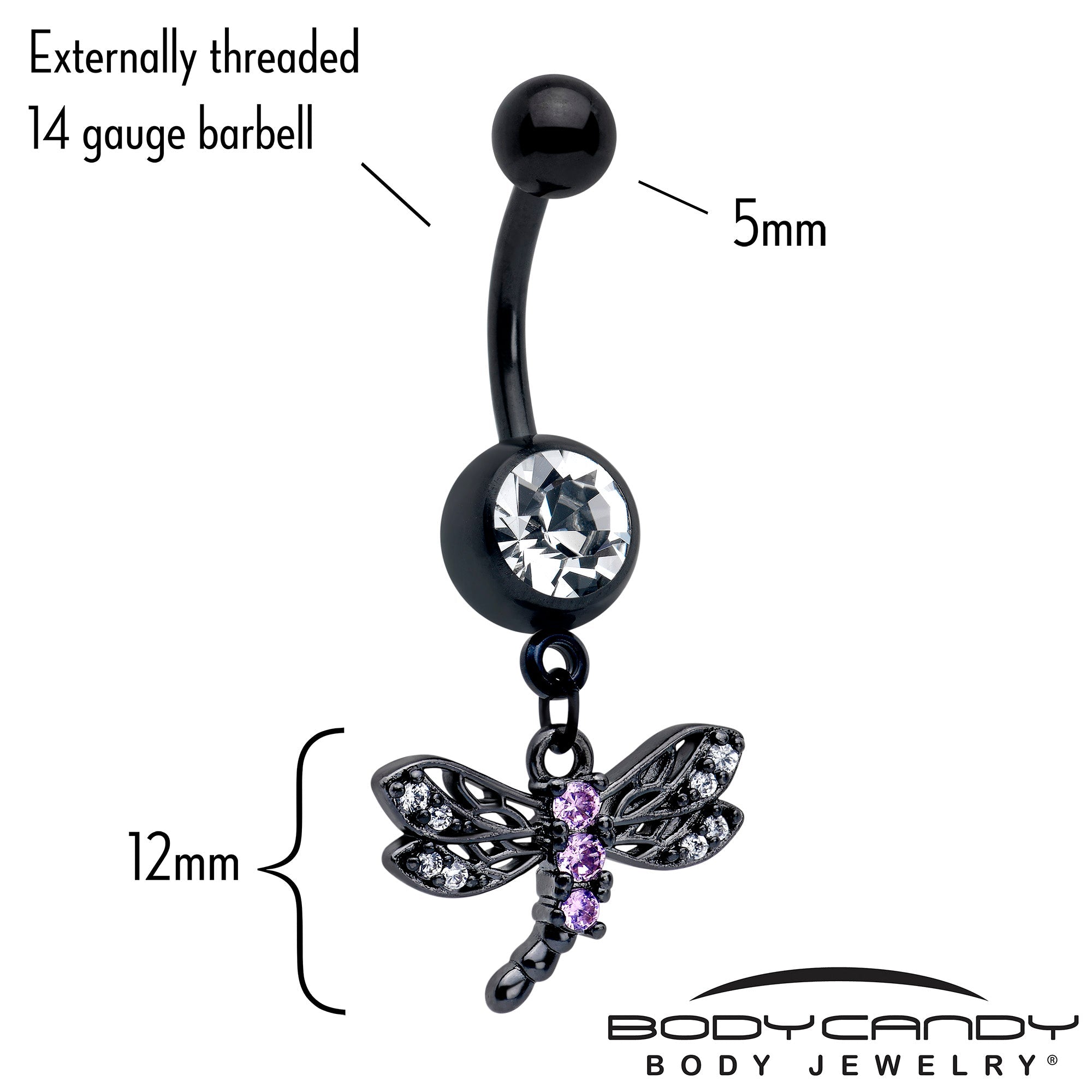 BodyCandy Purple CZ Gem Black Night Dragonfly Dangle Belly Ring — detail close-up