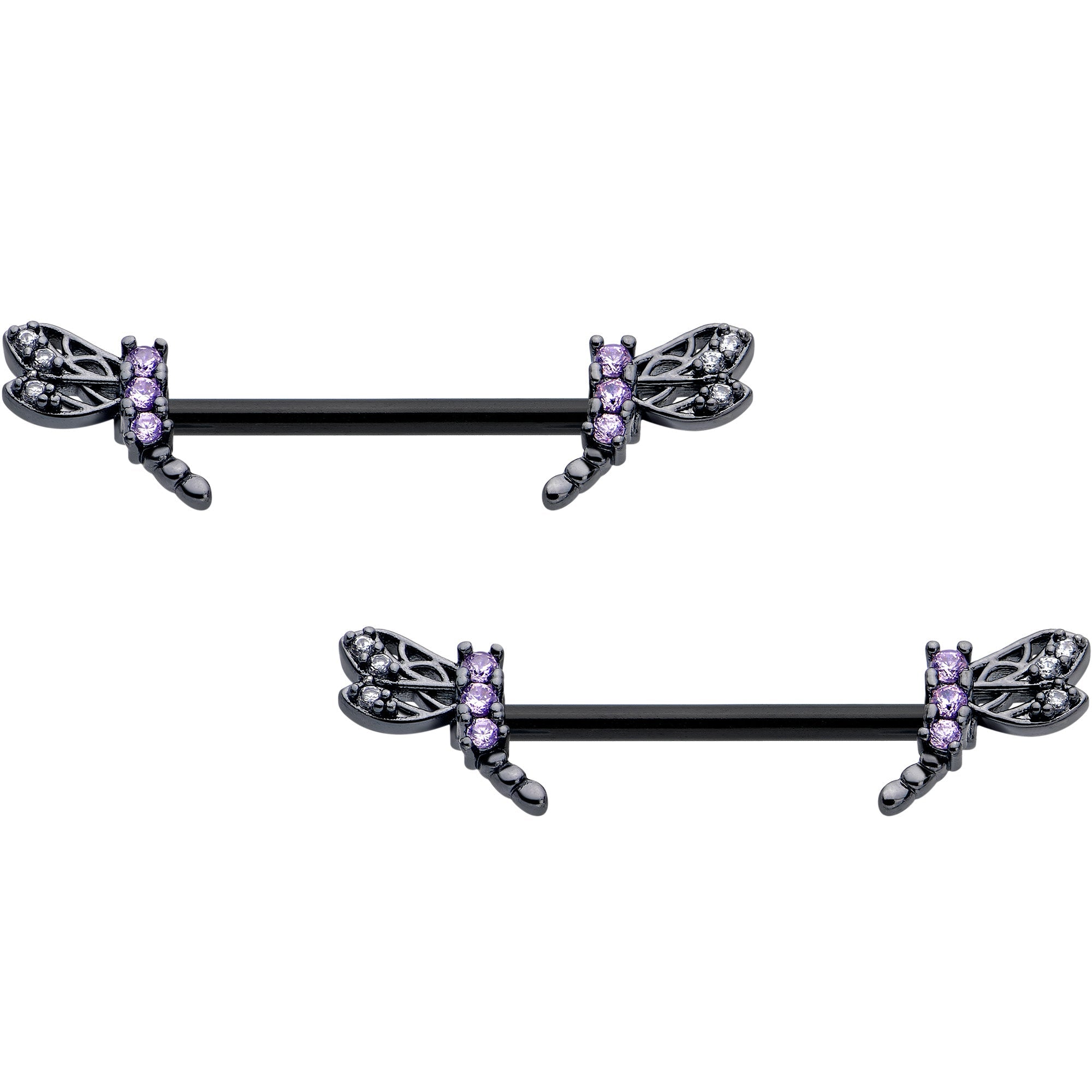 BodyCandy 14G 9/16 Purple CZ Gem Black Night Dragonfly Barbell Nipple Ring Set — main product shot