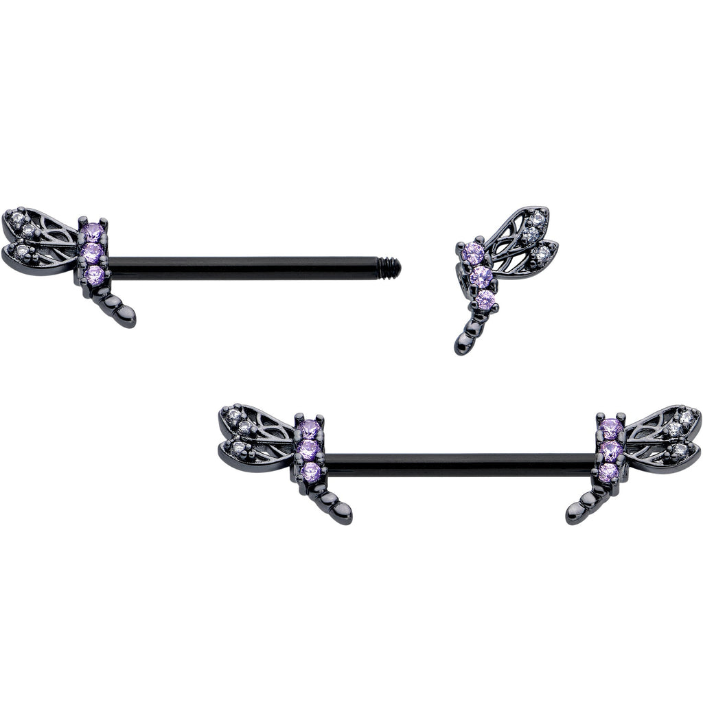 BodyCandy 14G 9/16 Purple CZ Gem Black Night Dragonfly Barbell Nipple Ring Set — detail close-up