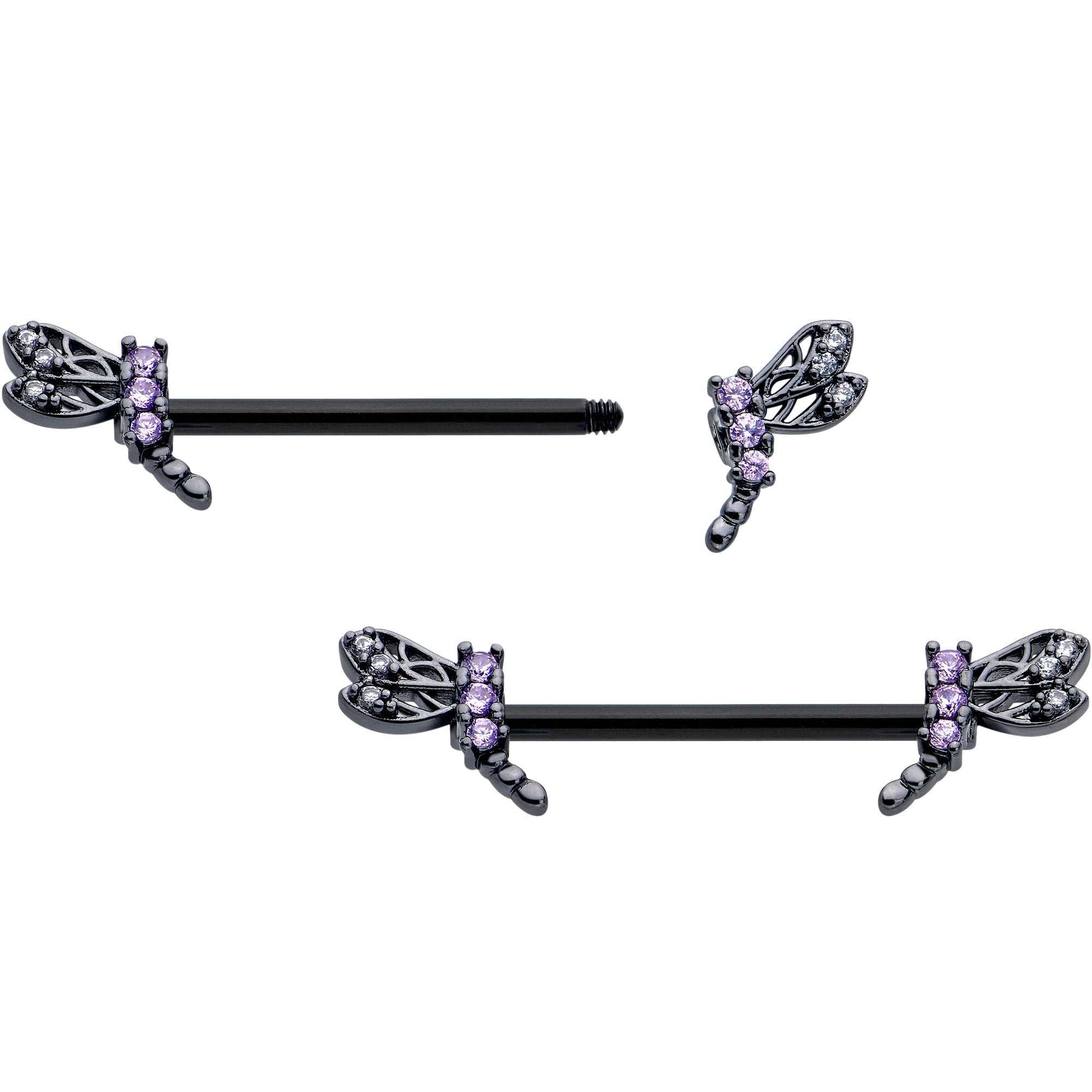 BodyCandy 14G 9/16 Purple CZ Gem Black Night Dragonfly Barbell Nipple Ring Set — detail close-up