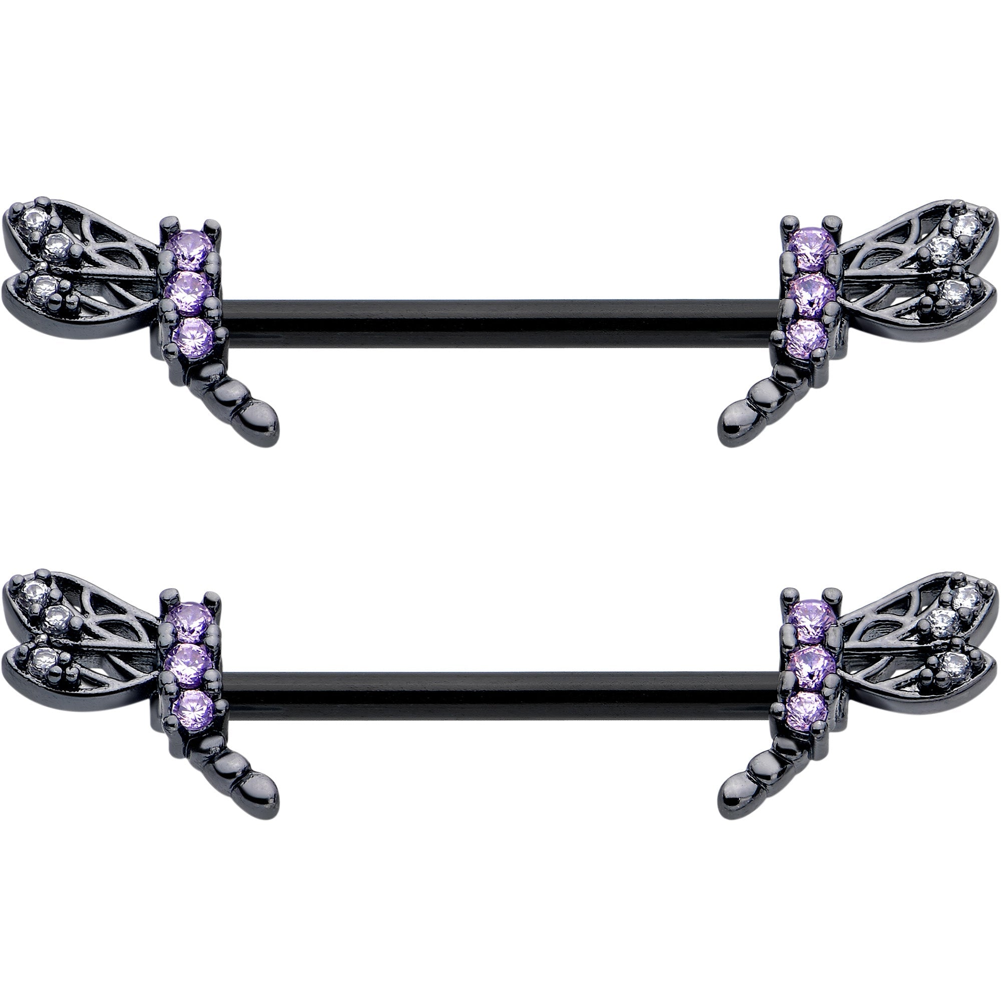 BodyCandy 14G 9/16 Purple CZ Gem Black Night Dragonfly Barbell Nipple Ring Set — lifestyle context