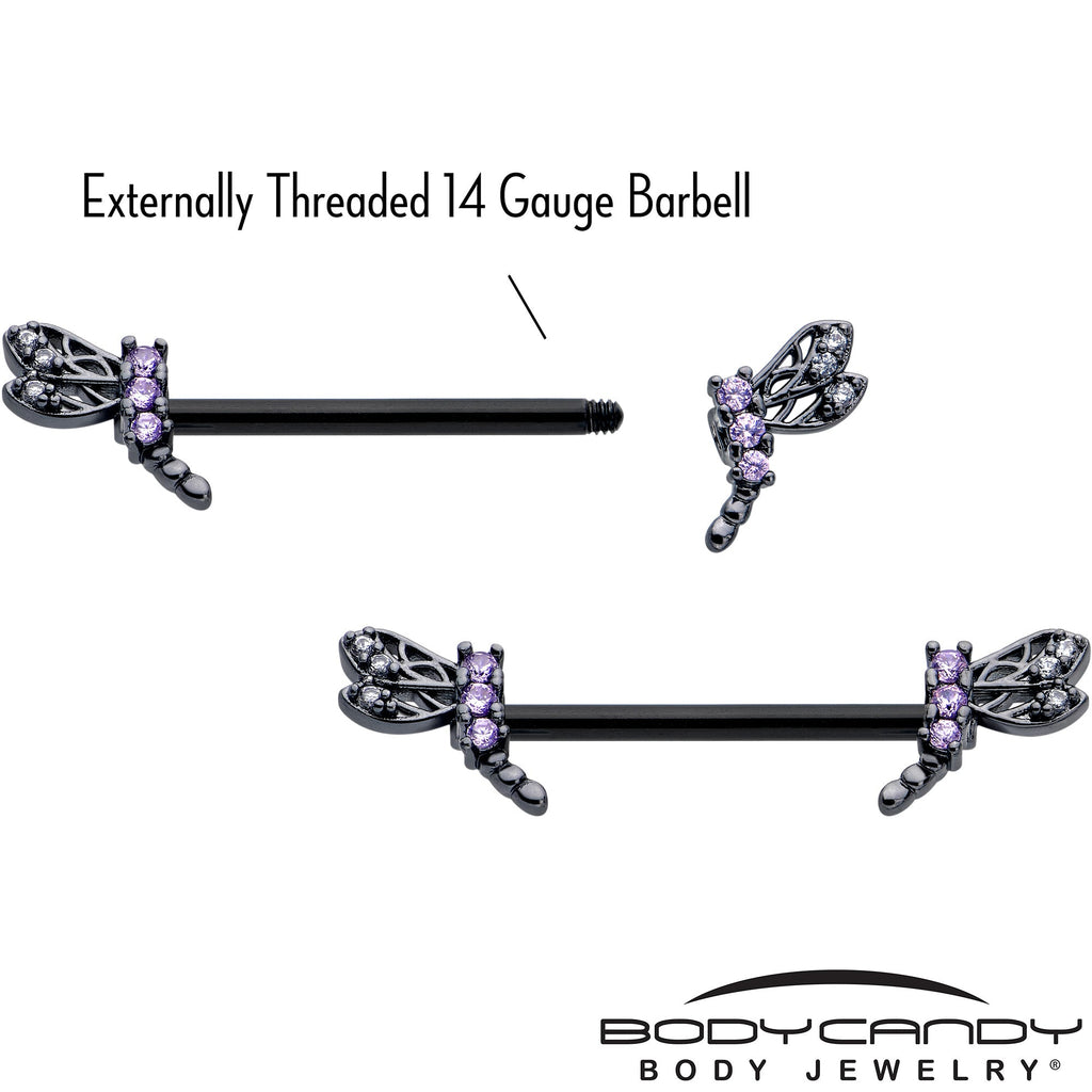 BodyCandy 14G 9/16 Purple CZ Gem Black Night Dragonfly Barbell Nipple Ring Set — side view