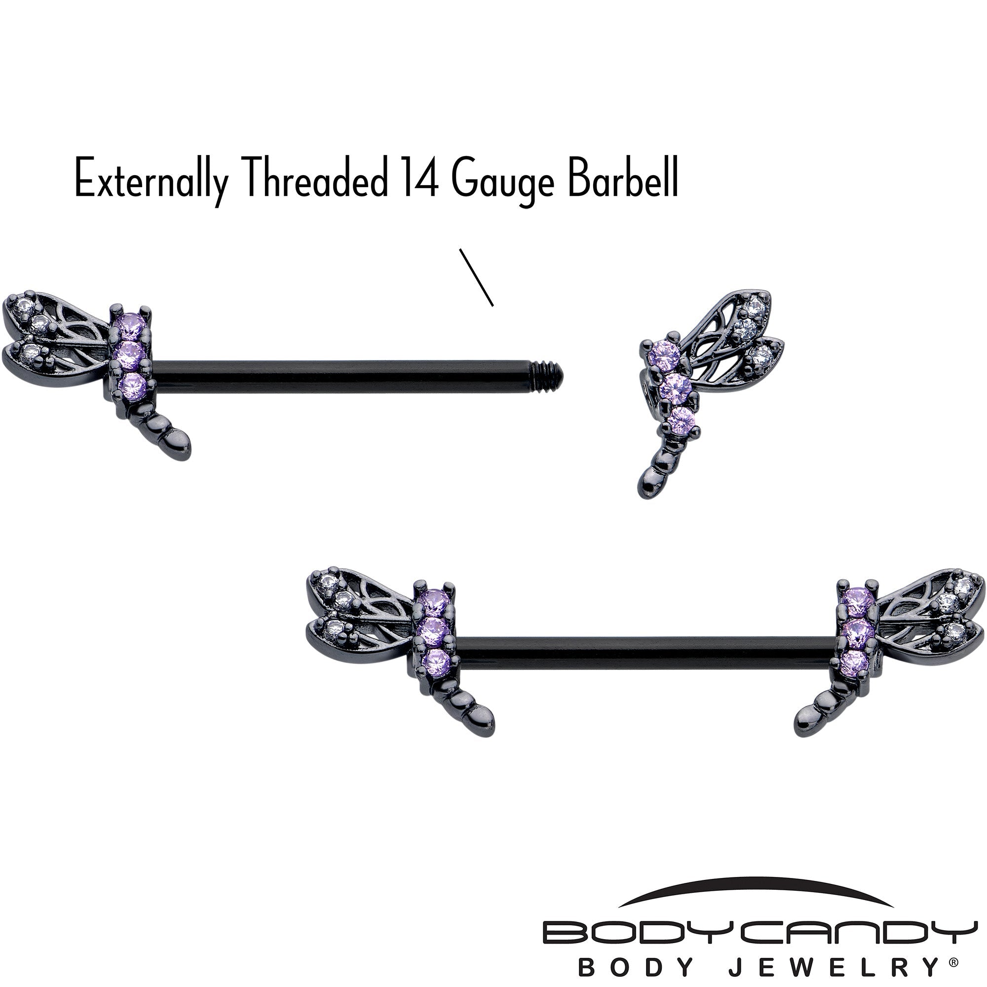 BodyCandy 14G 9/16 Purple CZ Gem Black Night Dragonfly Barbell Nipple Ring Set — side view