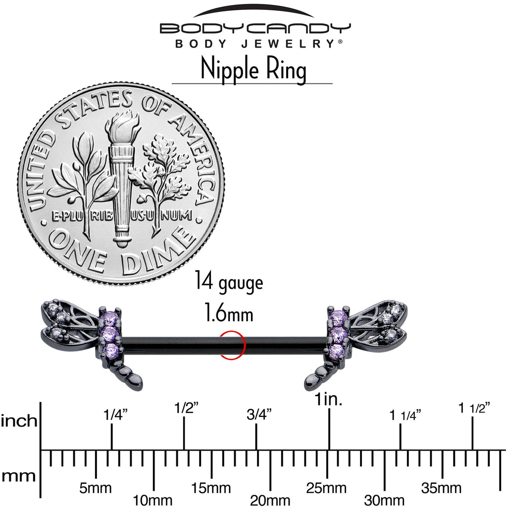 BodyCandy 14G 9/16 Purple CZ Gem Black Night Dragonfly Barbell Nipple Ring Set — back view