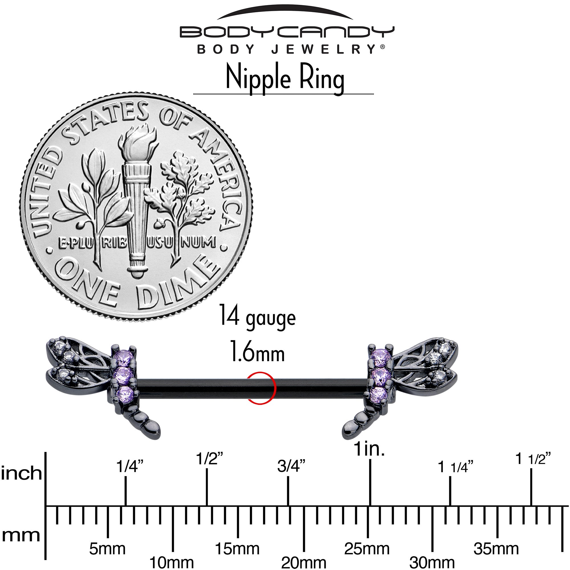 BodyCandy 14G 9/16 Purple CZ Gem Black Night Dragonfly Barbell Nipple Ring Set — back view