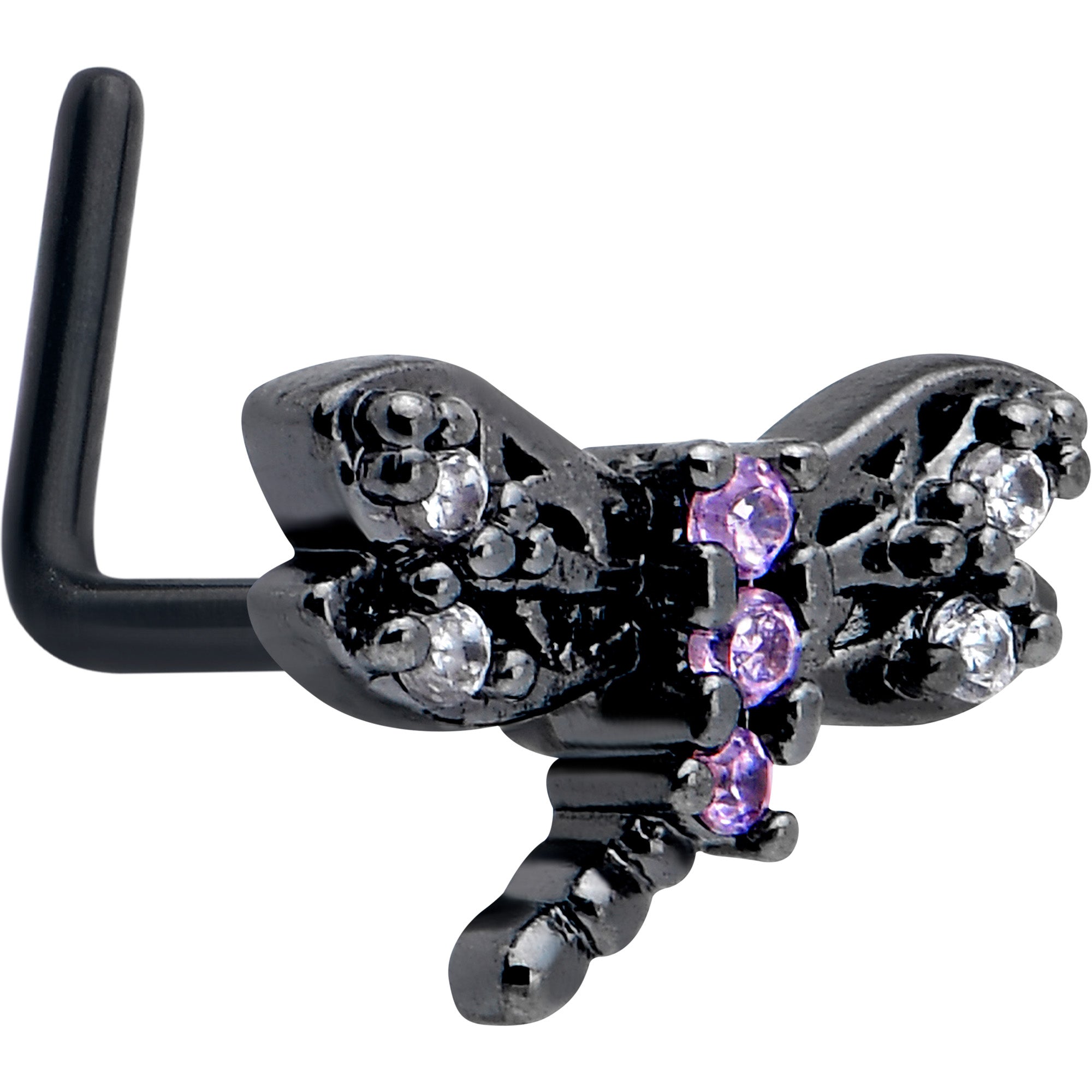 BodyCandy 20G 7mm Purple CZ Gem Black Night Dragonfly L Shape Nose Ring — main product shot